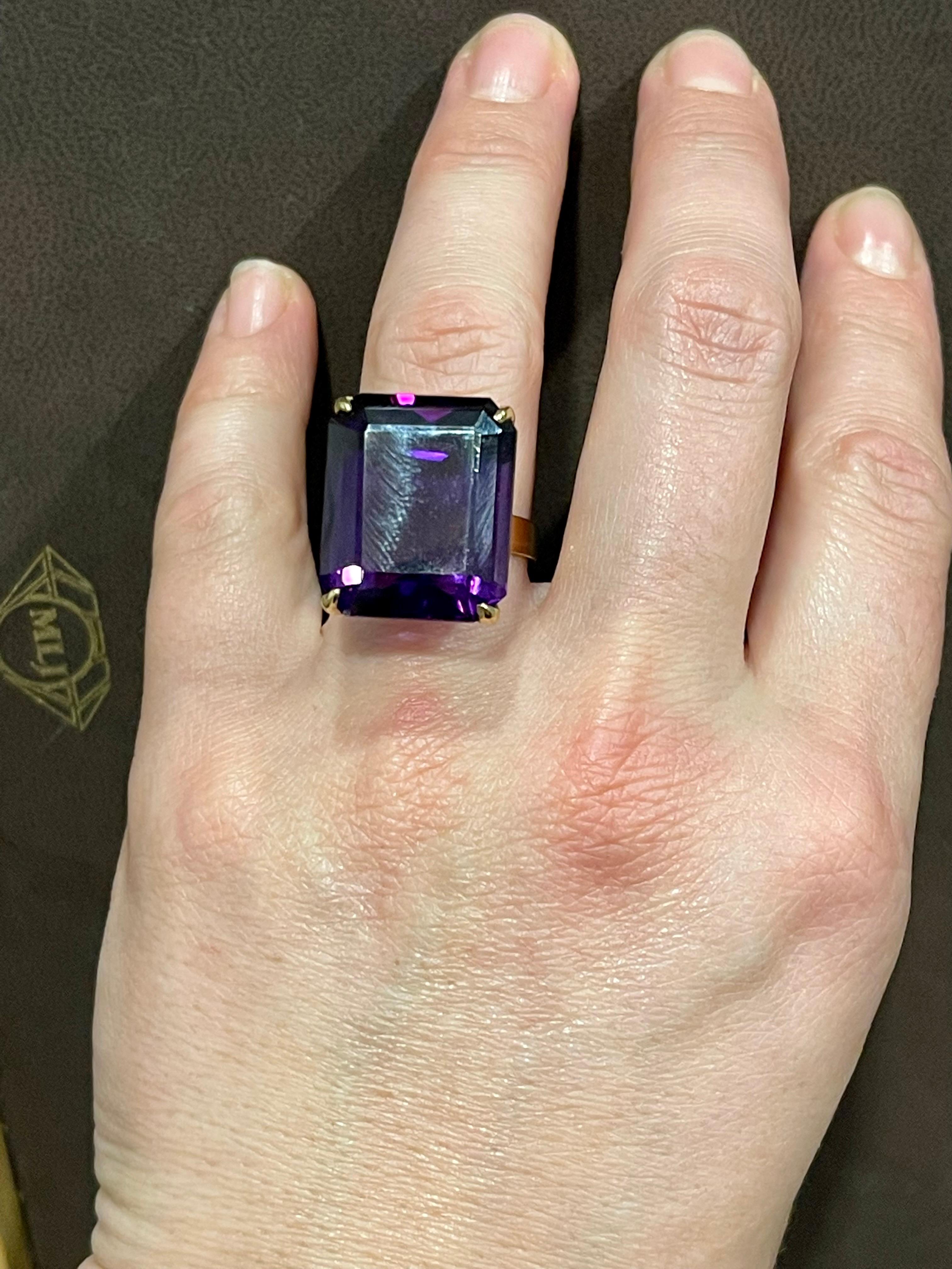 30 Carat Emerald Cut Amethyst Cocktail Ring in 14 Karat Yellow Gold 12