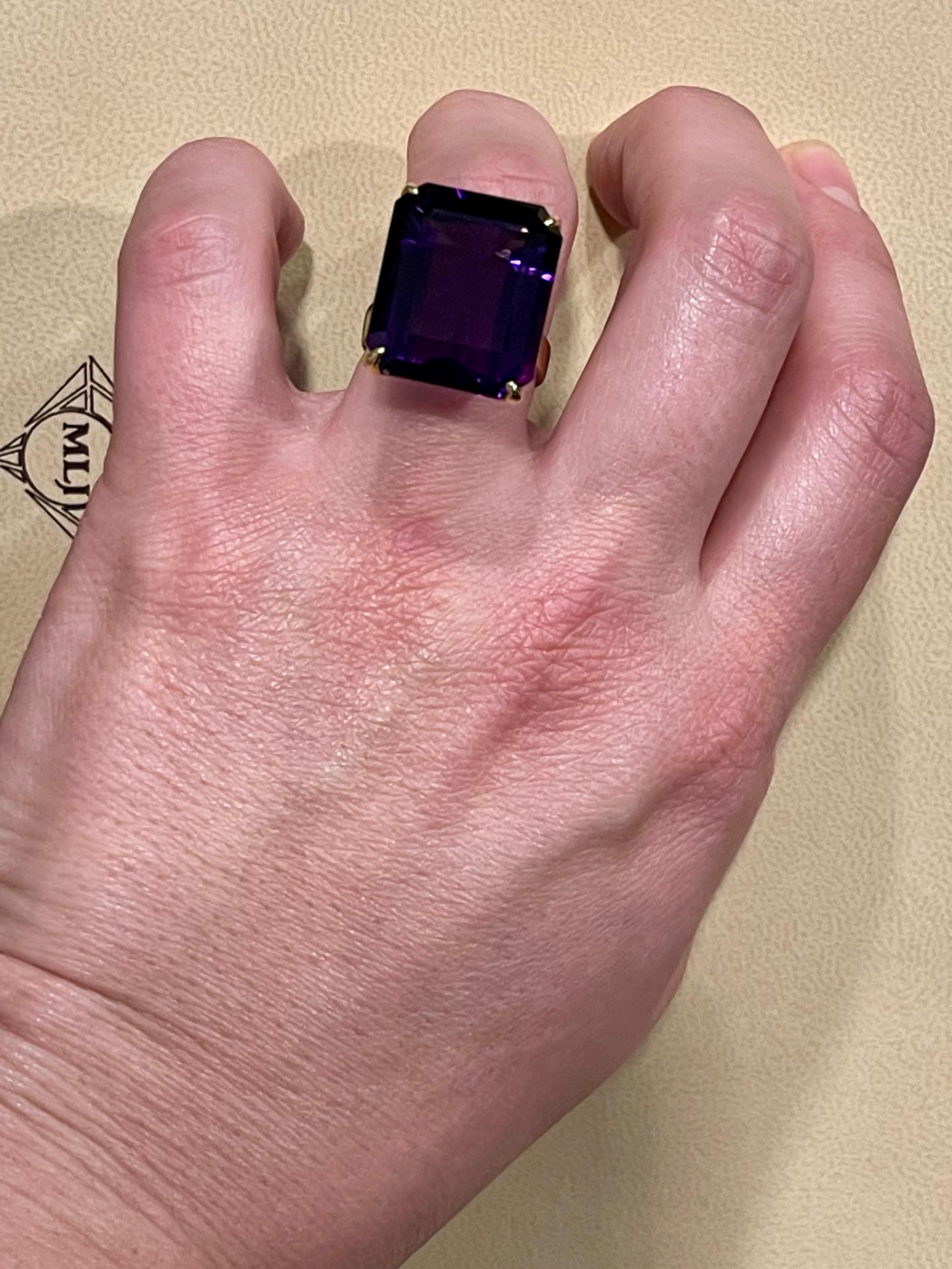 30 Carat Emerald Cut Amethyst Cocktail Ring in 14 Karat Yellow Gold 14