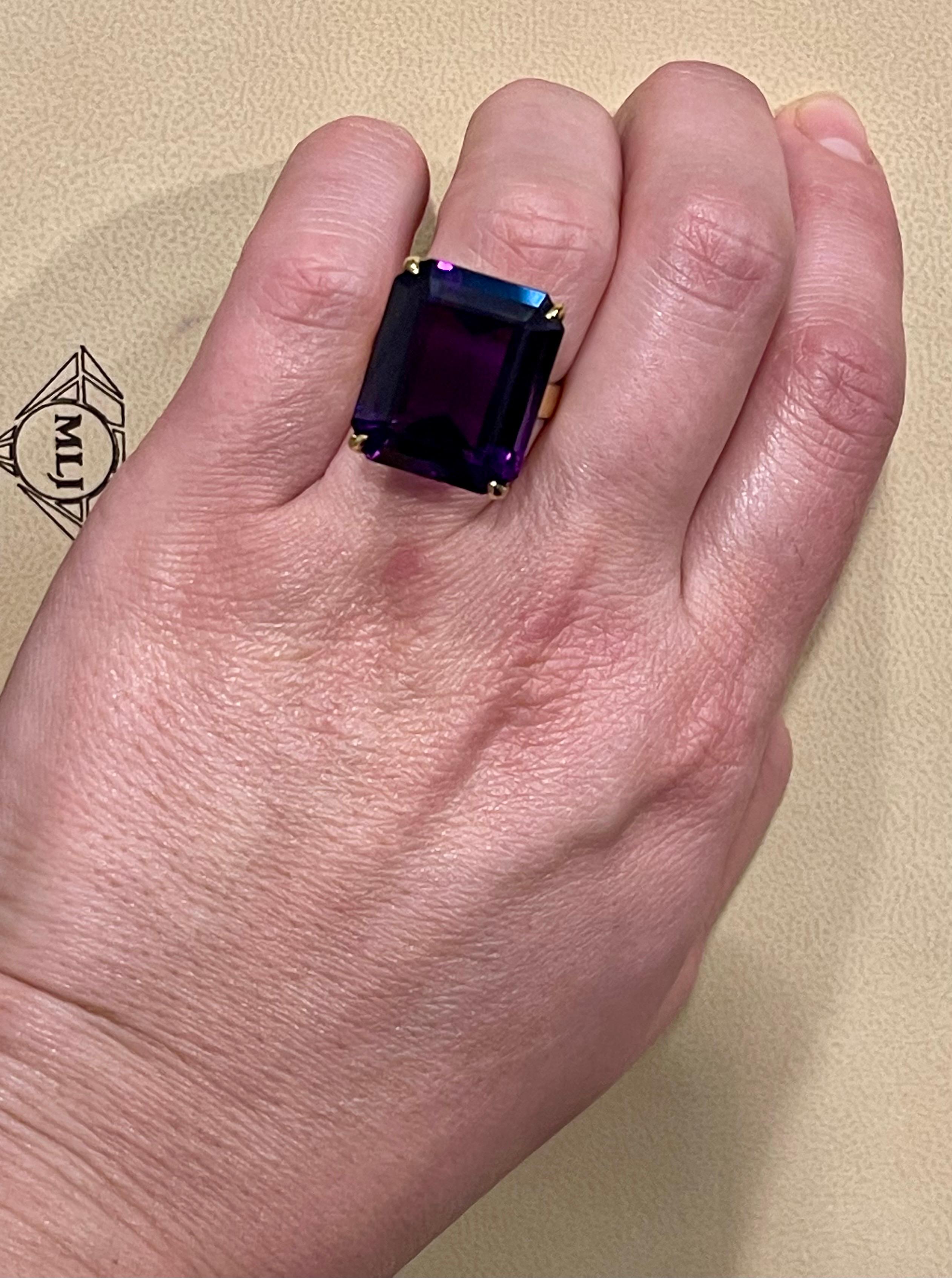 30 Carat Emerald Cut Amethyst Cocktail Ring in 14 Karat Yellow Gold 15