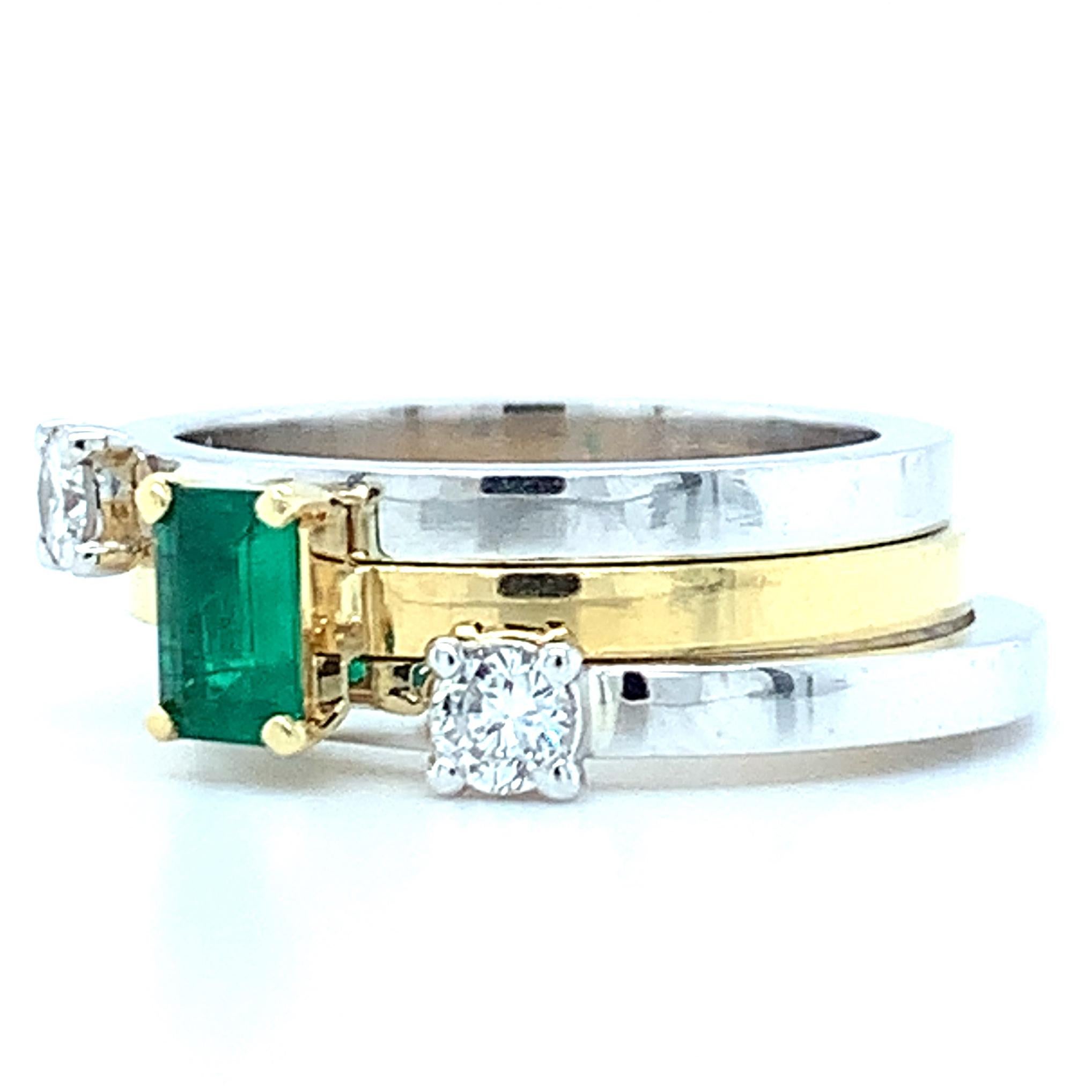 Artisan .30 Carat Emerald, Diamond Princess Yellow White Gold Stacking Band Rings