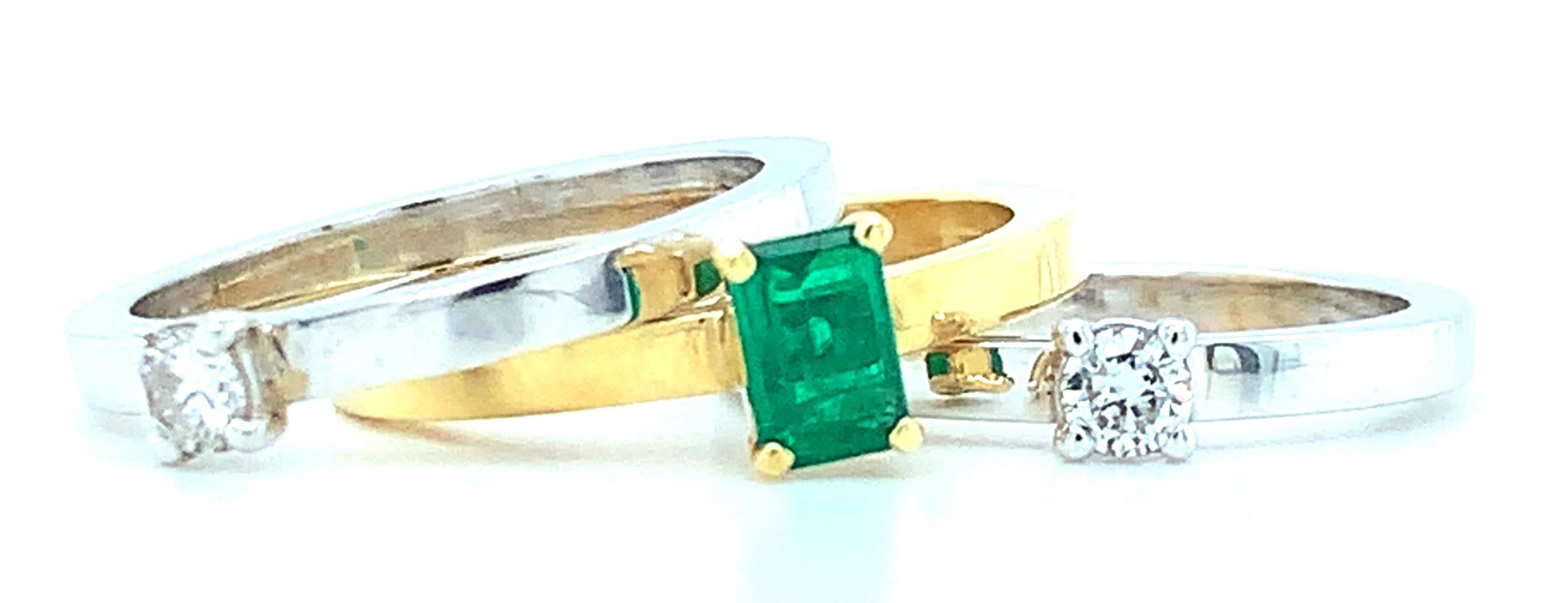 Emerald Cut .30 Carat Emerald, Diamond Princess Yellow White Gold Stacking Band Rings