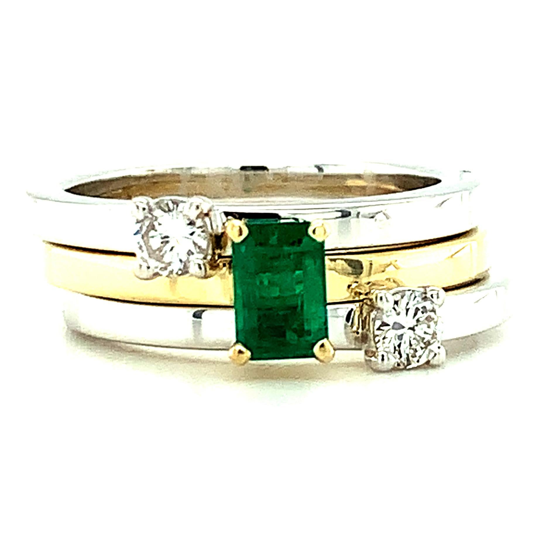 .30 Carat Emerald, Diamond Princess Yellow White Gold Stacking Band Rings 1