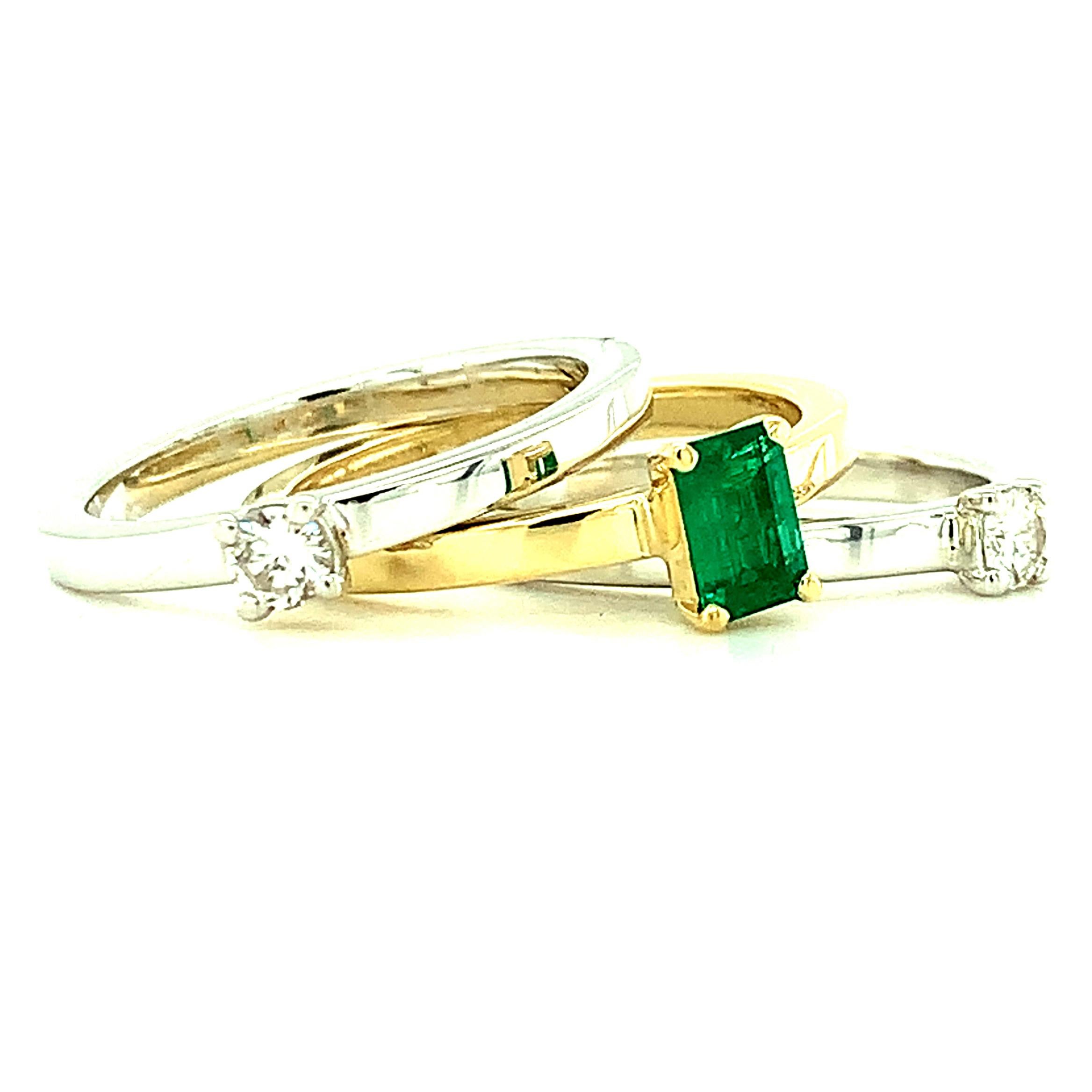 .30 Carat Emerald, Diamond Princess Yellow White Gold Stacking Band Rings 2