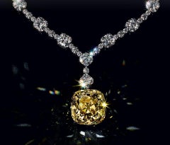 30 Carat Fancy Yellow Cushion Cut Diamond Drop Necklace, Tiffany Style