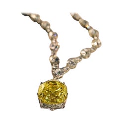 30 Carat Fancy Yellow Cushion Cut Diamond Drop Necklace, Tiffany Style