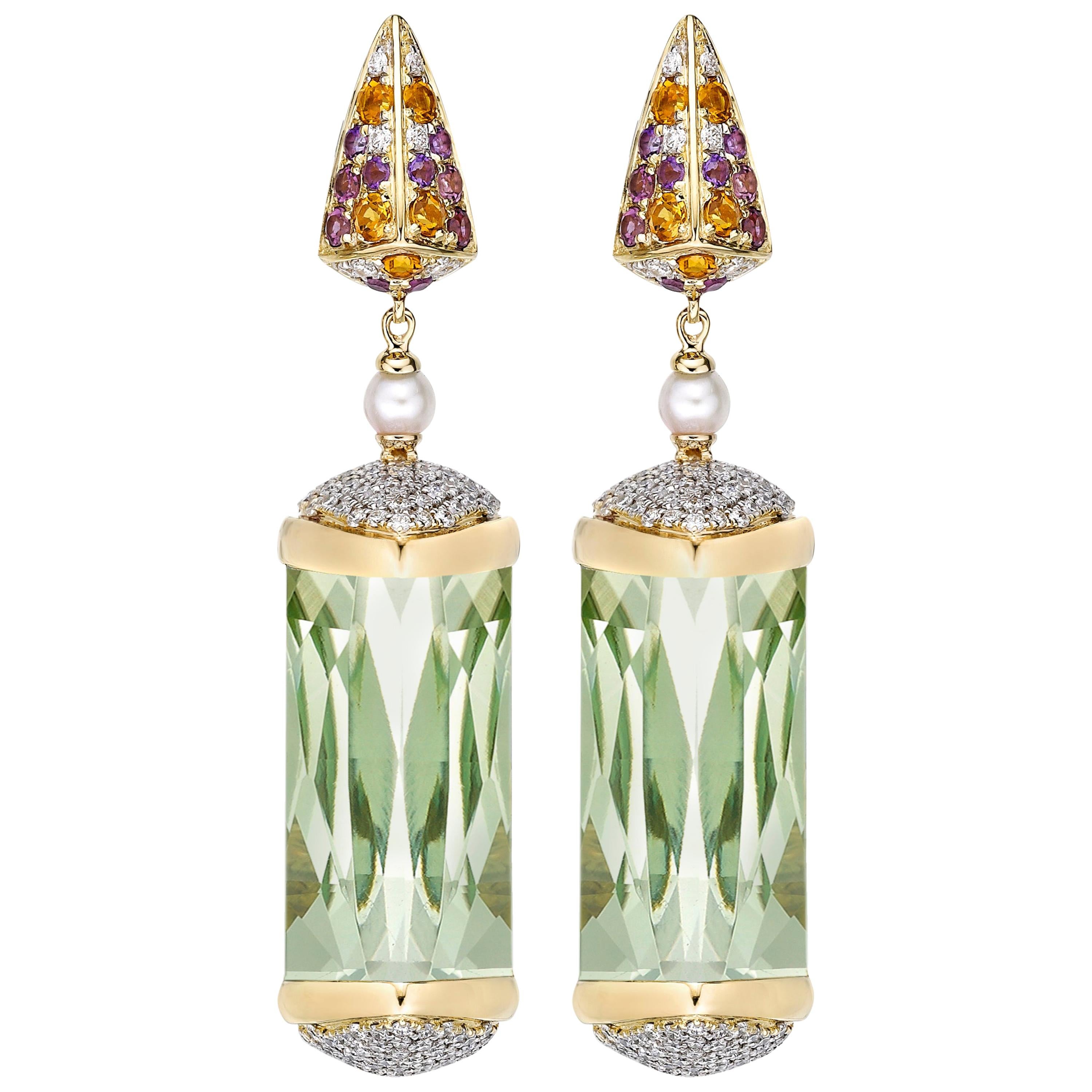 Boucles d'oreilles en or jaune 18 carats avec améthyste verte de 30 carats et diamants