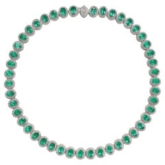 30 Carat Green Emerald Oval Cut Diamond Tennis Necklace