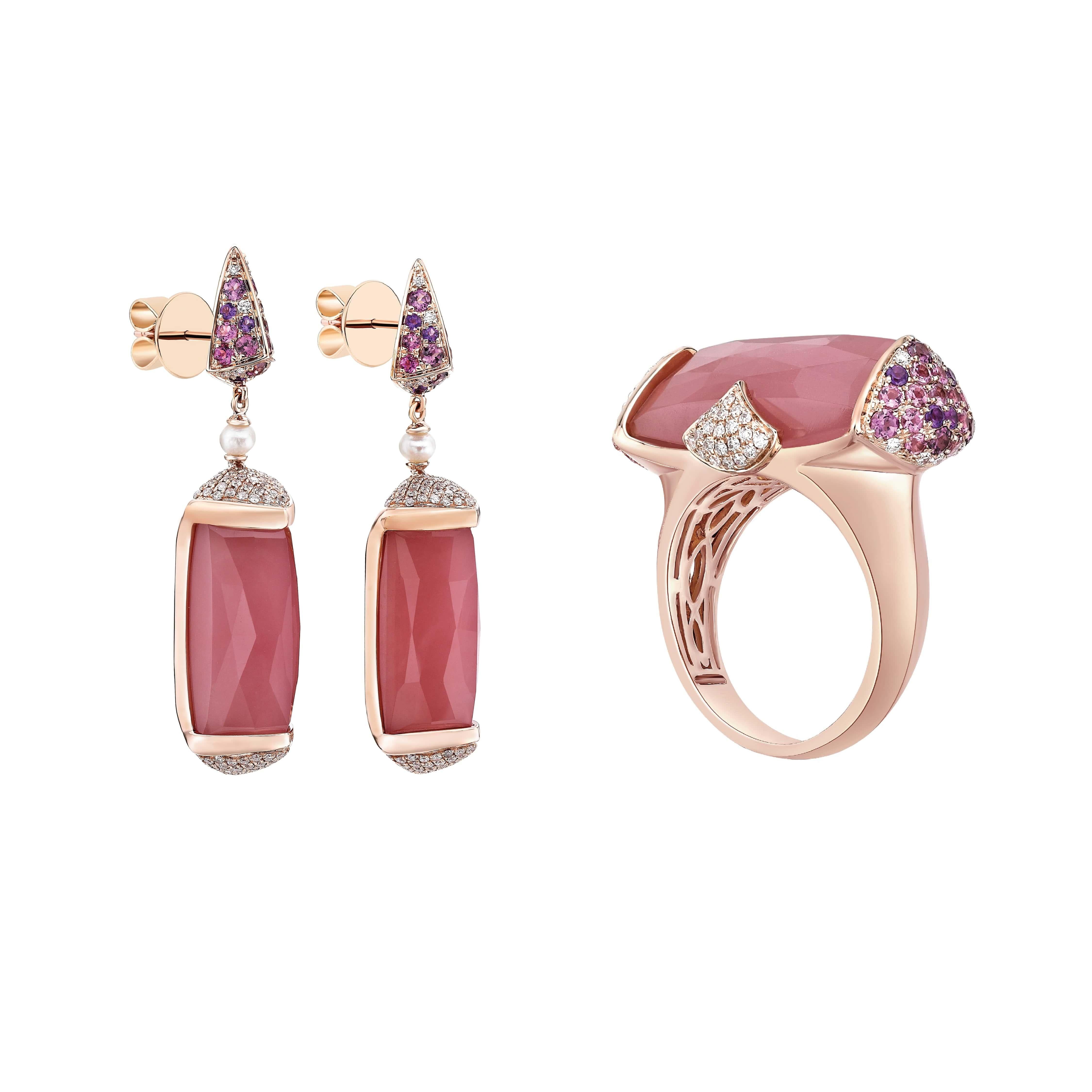 30 Carat Guava Quartz Ring and Earring Set in 18 Karat Rose Gold with Diamonds In New Condition For Sale In Hong Kong, HK