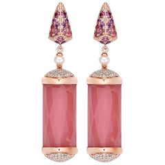 30 Carat Guava Quartz Ring and Earring Set in 18 Karat Rose Gold with Diamonds