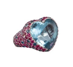 30 Carat Heart Aquamarine Ruby Gold Ring