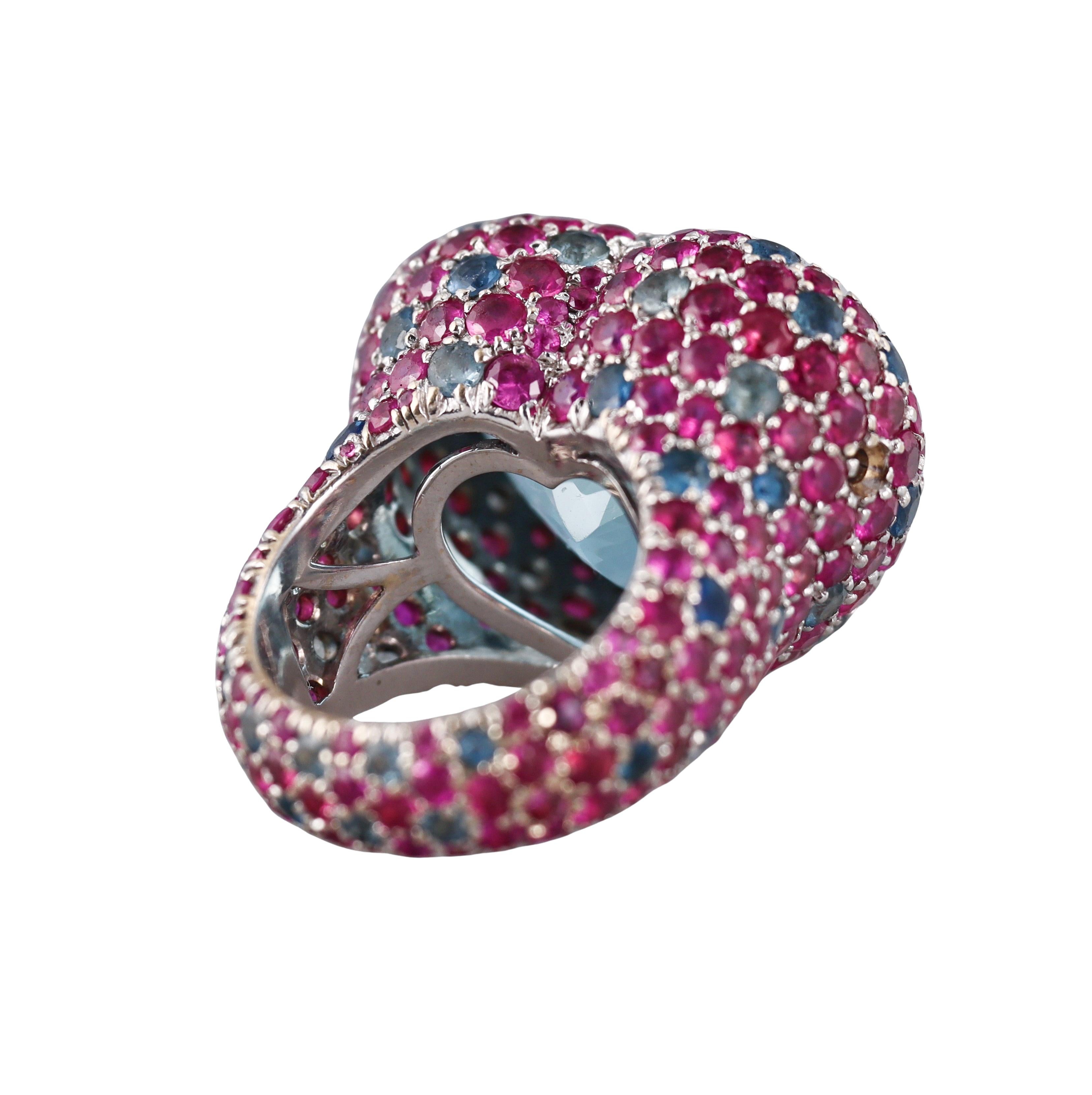 Heart Cut 30 Carat Heart Aquamarine Ruby Gold Ring For Sale