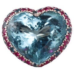 30 Carat Heart Aquamarine Ruby Gold Ring