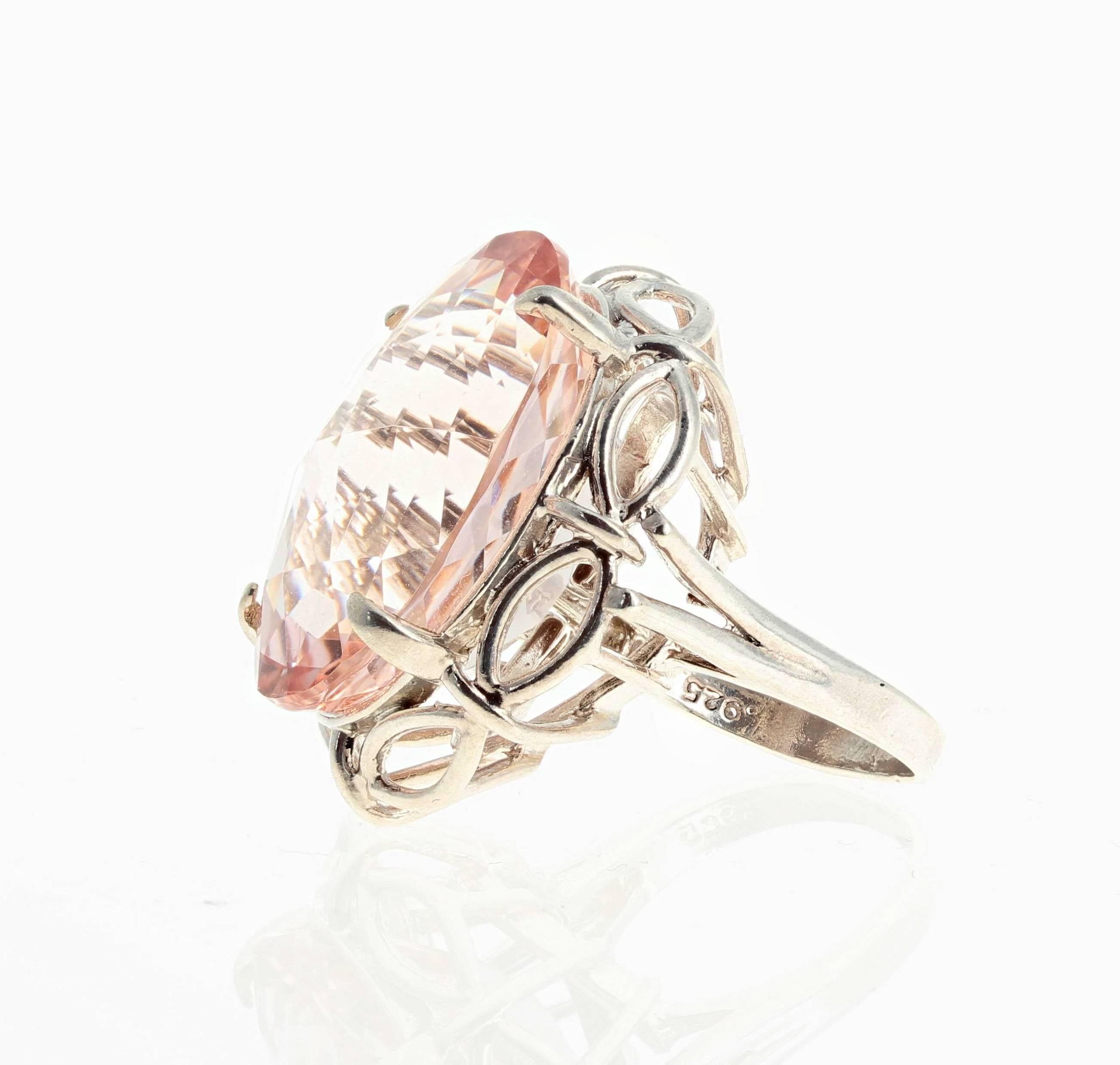 Oval Cut AJD Enormous Glowing Clear 30 Ct. Morganite Sterling Silver Cocktail Ring For Sale