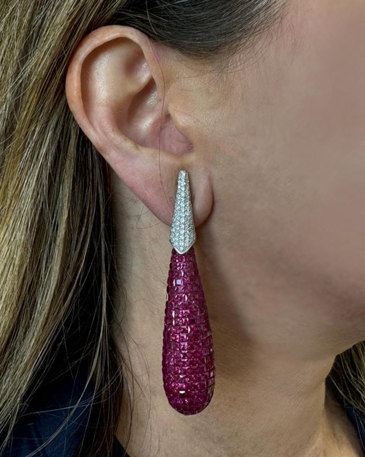 Modern 30 Carat Mystery Set Ruby & Diamond Dangle Earrings  For Sale
