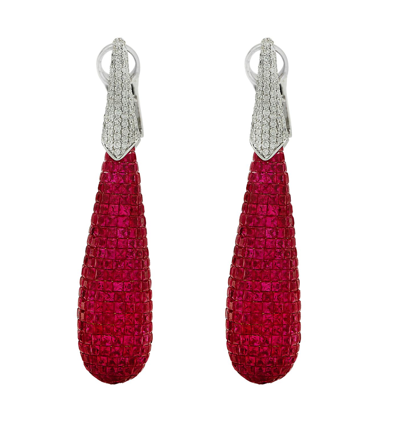 French Cut 30 Carat Mystery Set Ruby & Diamond Dangle Earrings  For Sale
