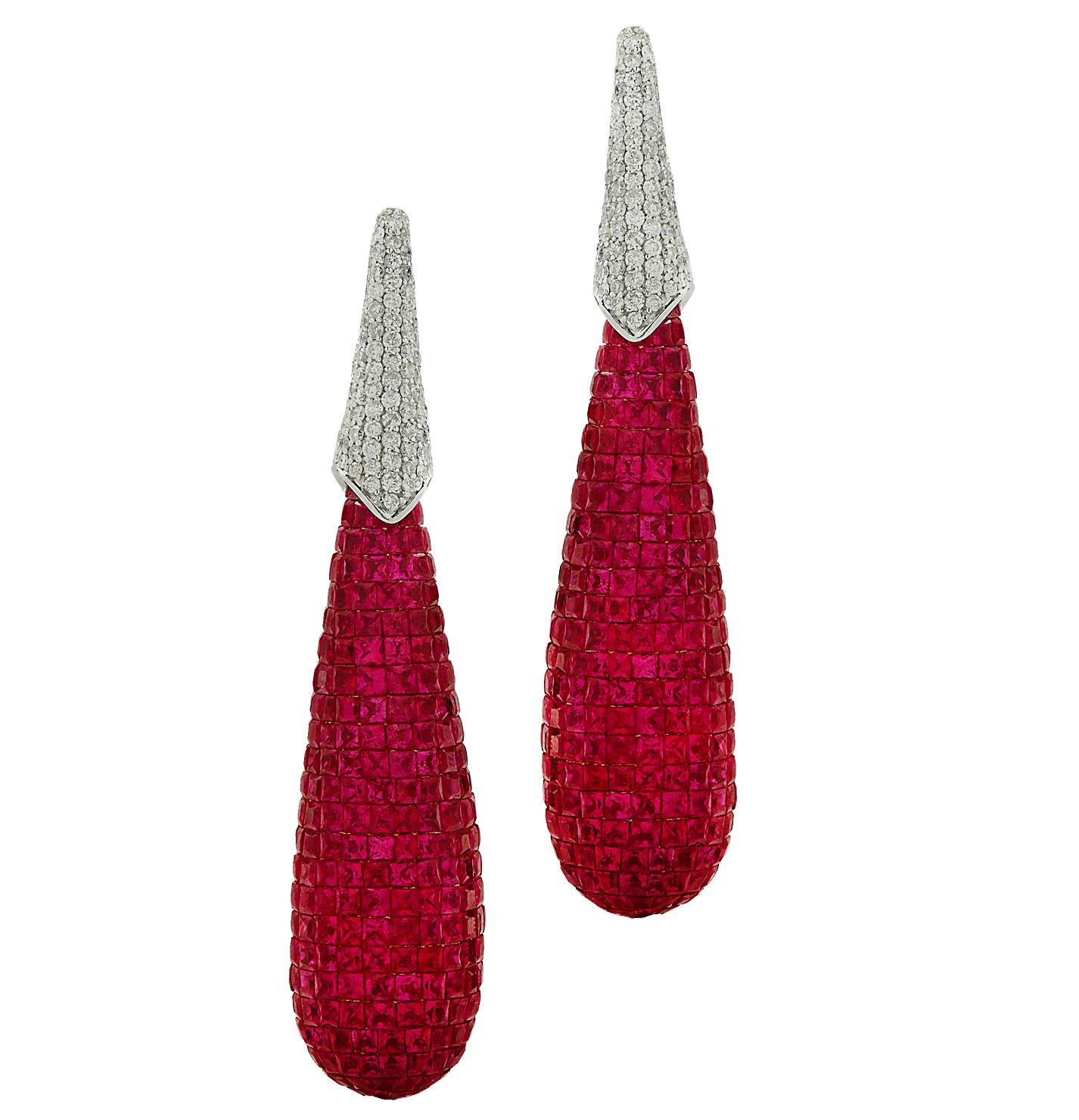 Women's 30 Carat Mystery Set Ruby & Diamond Dangle Earrings  For Sale