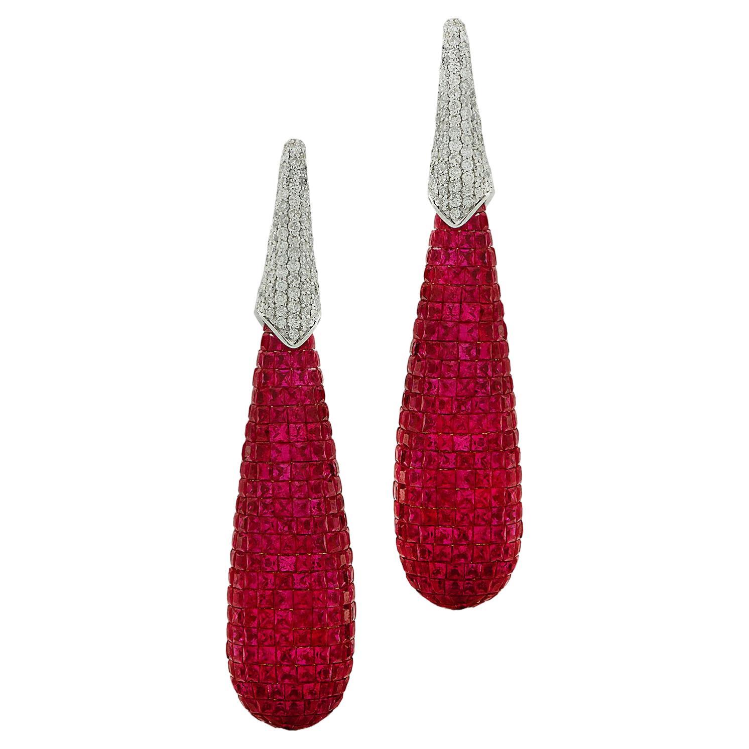 30 Carat Mystery Set Ruby & Diamond Dangle Earrings For Sale