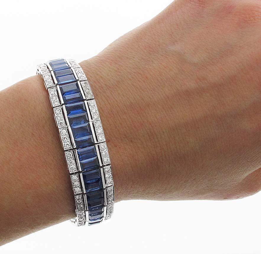 French Cut 30 Carat of Blue Sapphires with 4 Carat of Diamonds Bracelet Set in 18 Karat WG