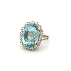 30 Carat Oval Aquamarine and RBC Diamond Gold Ring 1950s Estate Fine Jewelry