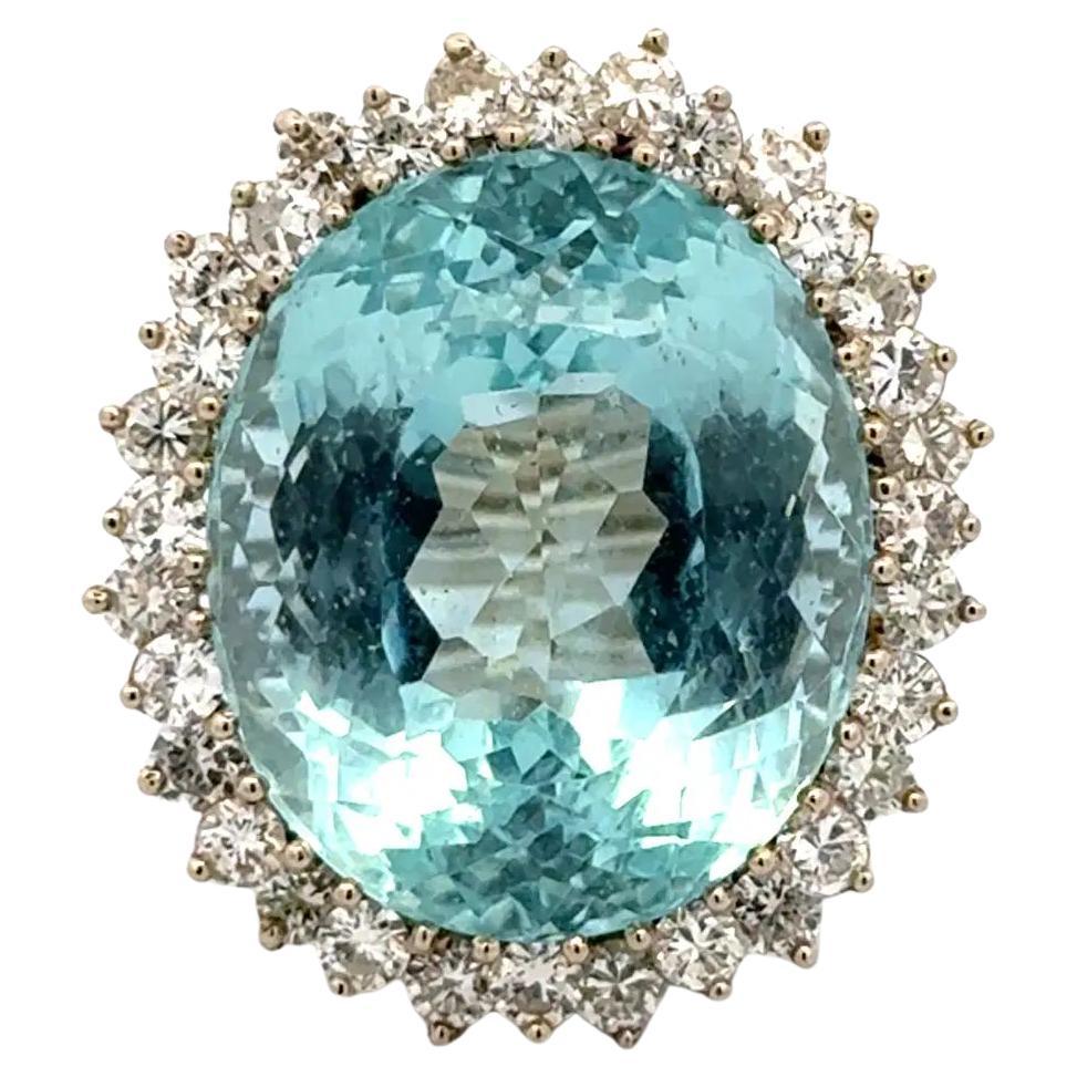 30 Carat Oval Aquamarine and RBC Diamond Gold Ring 1950s Estate Fine Jewelry