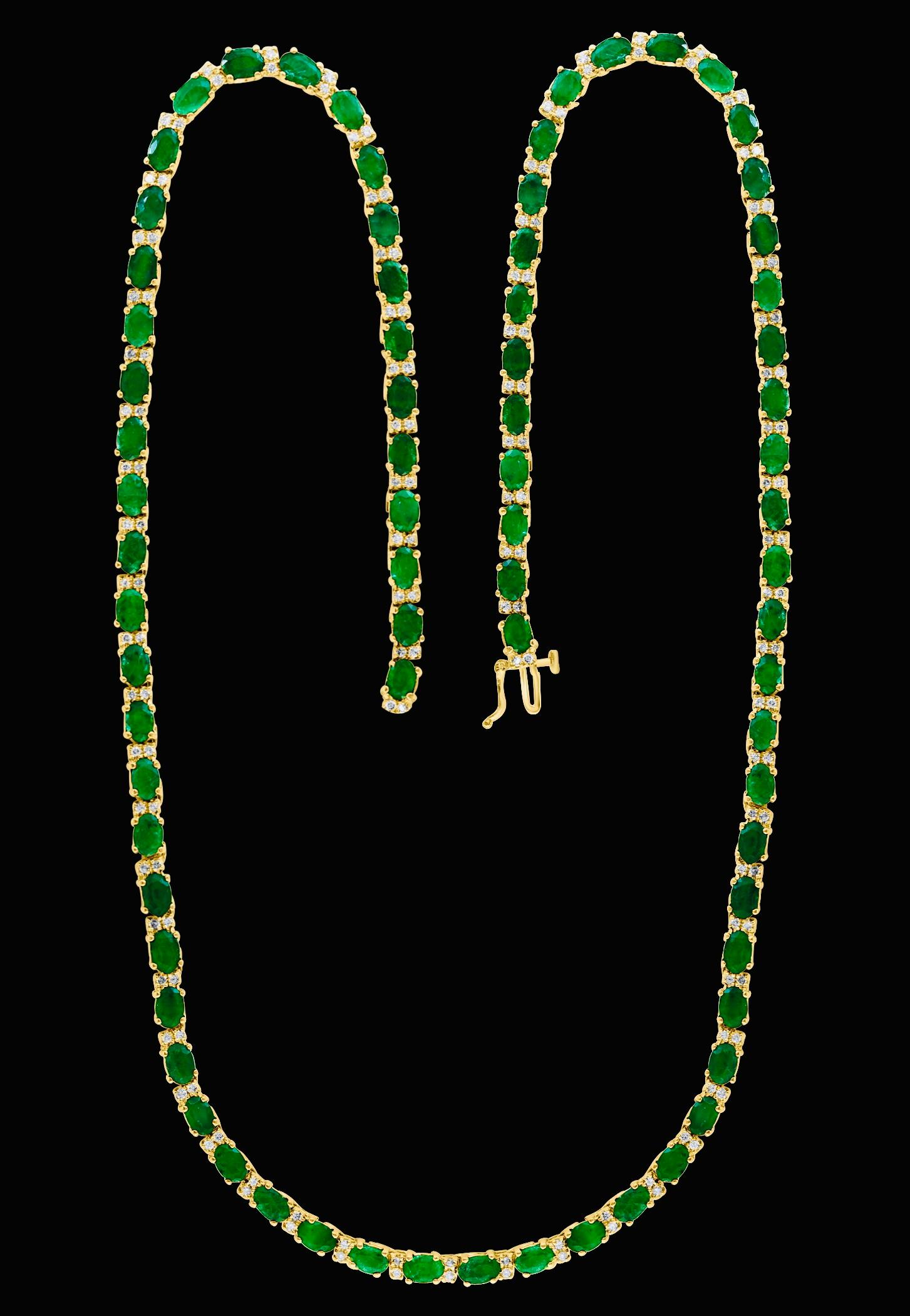 30 Carat Oval Brazilian Emerald & 3 Carat Diamond Tennis Necklace 14 Karat Gold 8