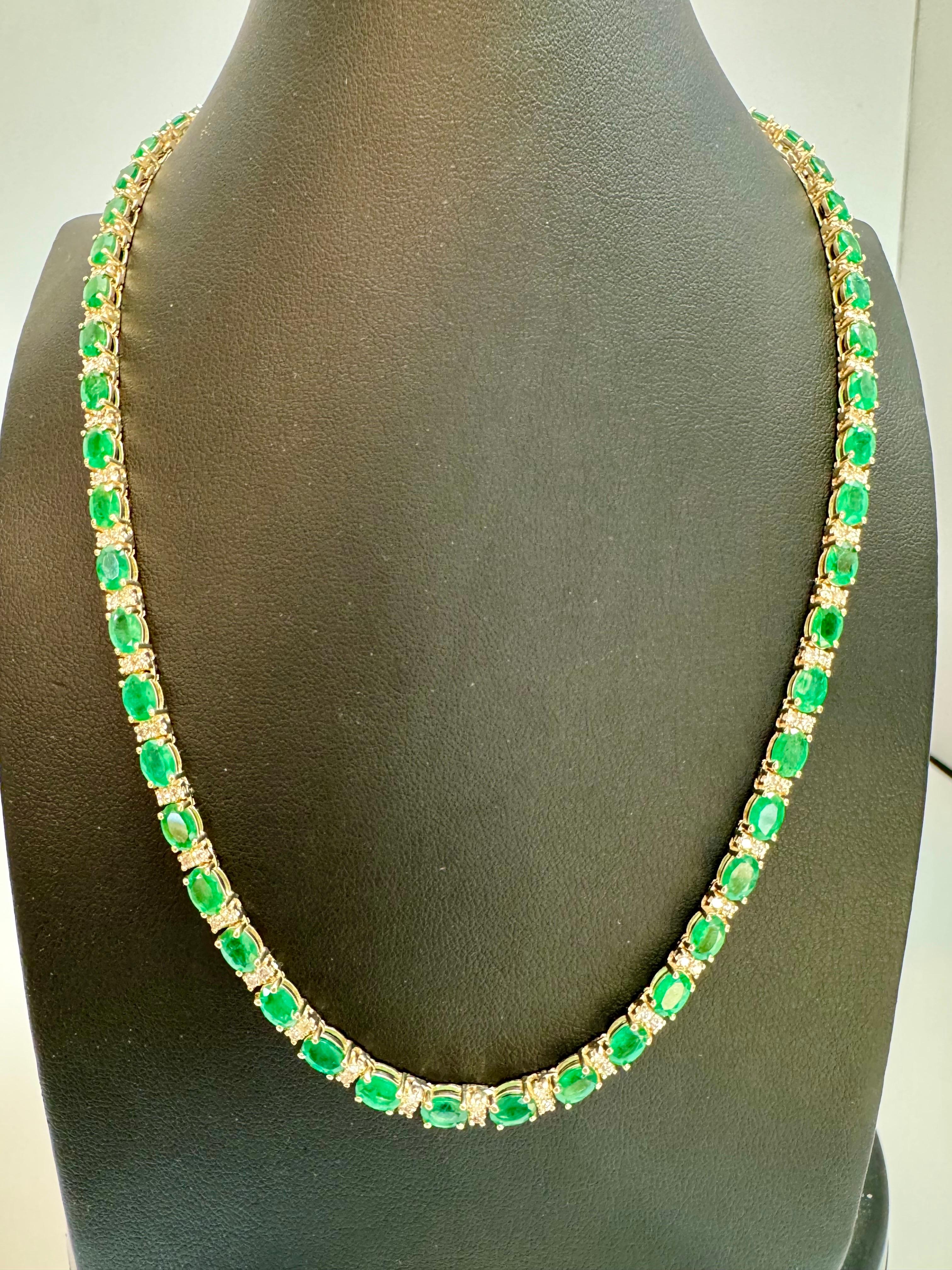 30 Carat Oval Brazilian Emerald & 3 Carat Diamond Tennis Necklace 14 Karat Gold 9