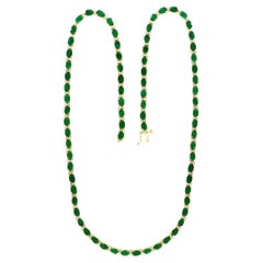 30 Carat Oval Brazilian Emerald & 3 Carat Diamond Tennis Necklace 14 Karat Gold
