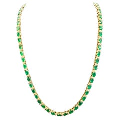 30 Carat Oval Brazilian Emerald & 3 Carat Diamond Tennis Necklace 14 Karat Gold