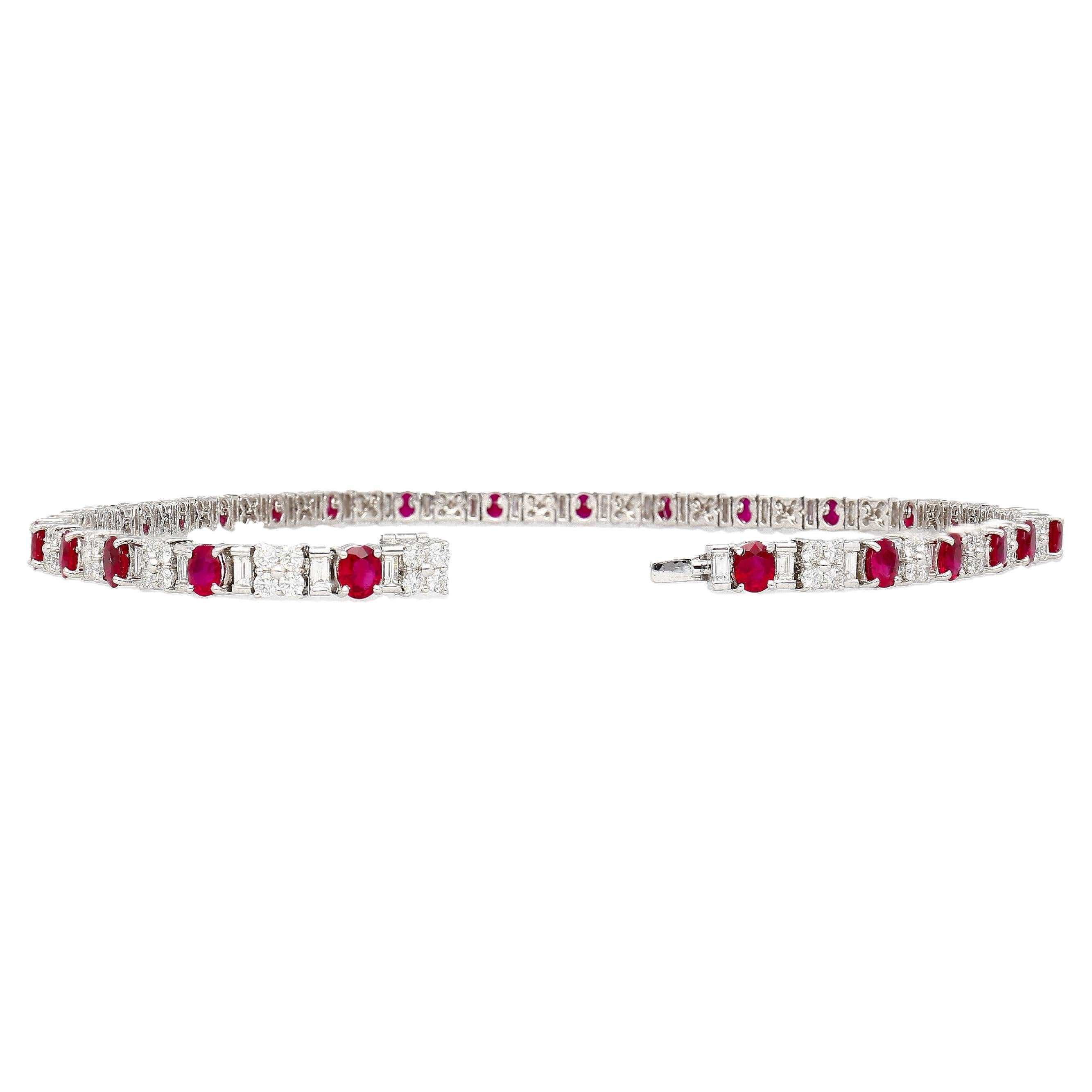 Natural Ruby and Diamond tennis necklace, set in platinum 900. Featuring 18.68 carats in oval-cut Rubies and 11.72 carats in round and baguette cut Diamonds. The Rubies feature a vibrant, deep red color that wonderfully matches the white and silver
