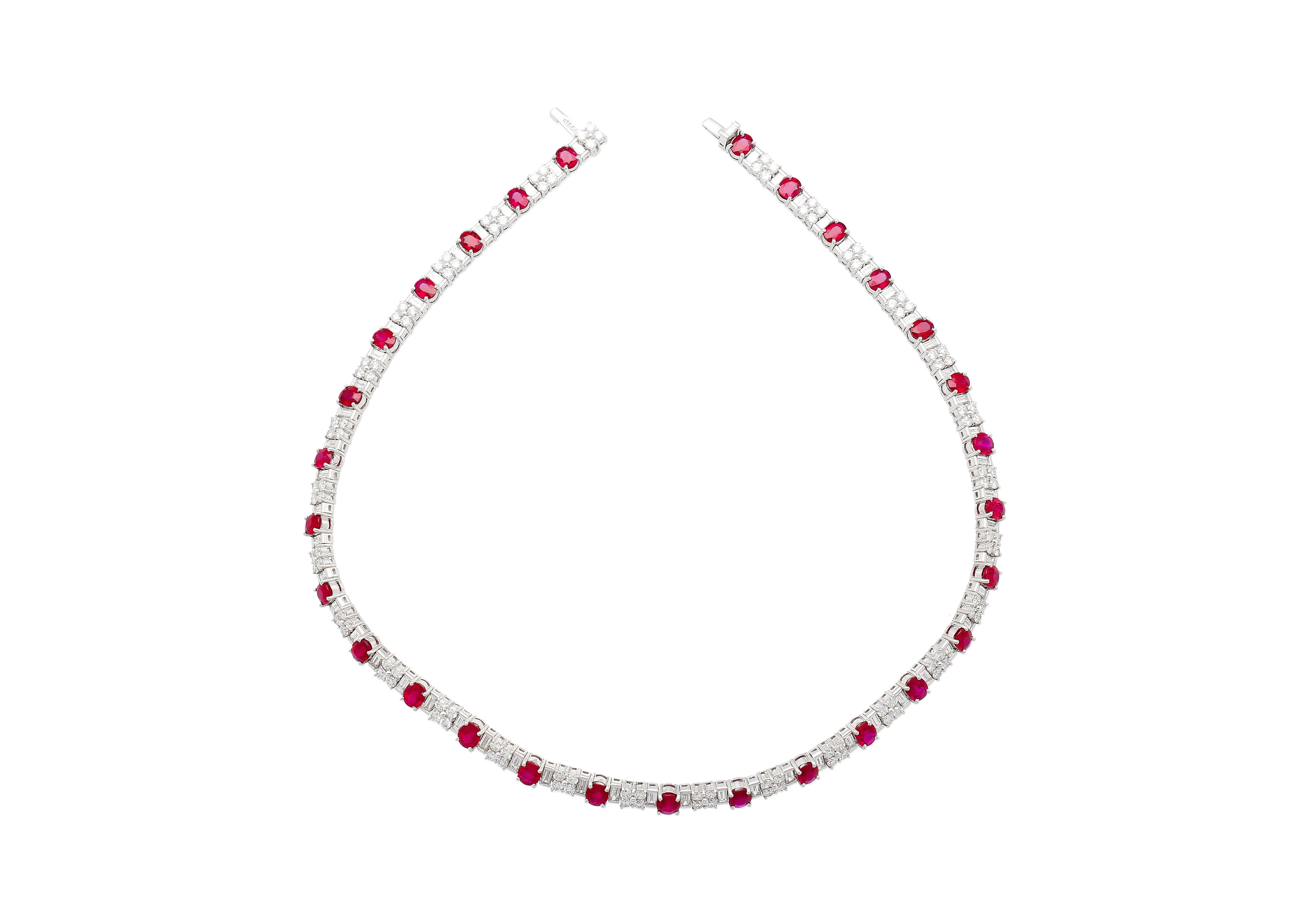 Art Deco 30 Carat Oval Cut Ruby & Mixed Cut Diamond Tennis Necklace in Platinum For Sale