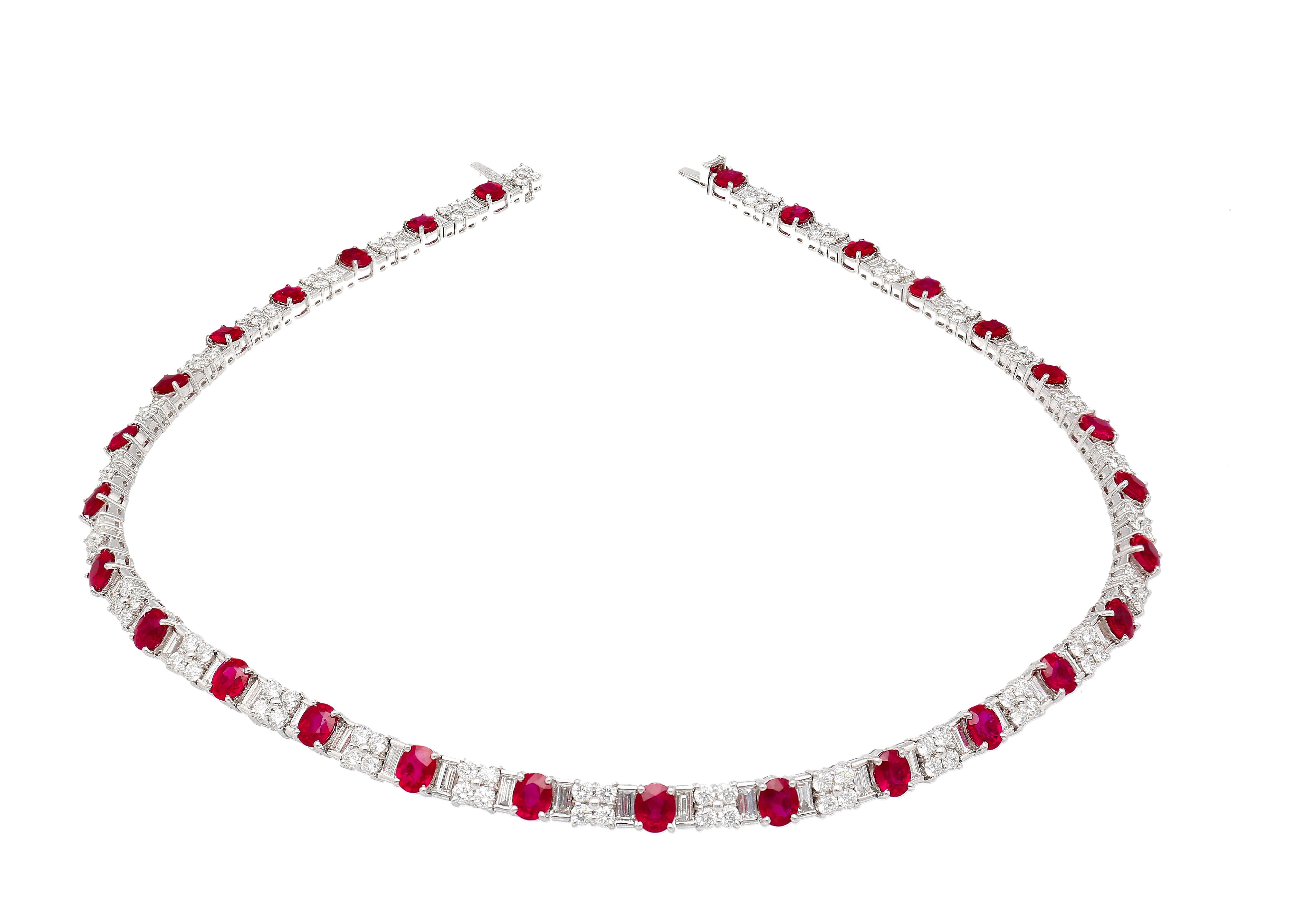 30 Carat Oval Cut Ruby & Mixed Cut Diamond Tennis Necklace in Platinum In New Condition For Sale In Miami, FL