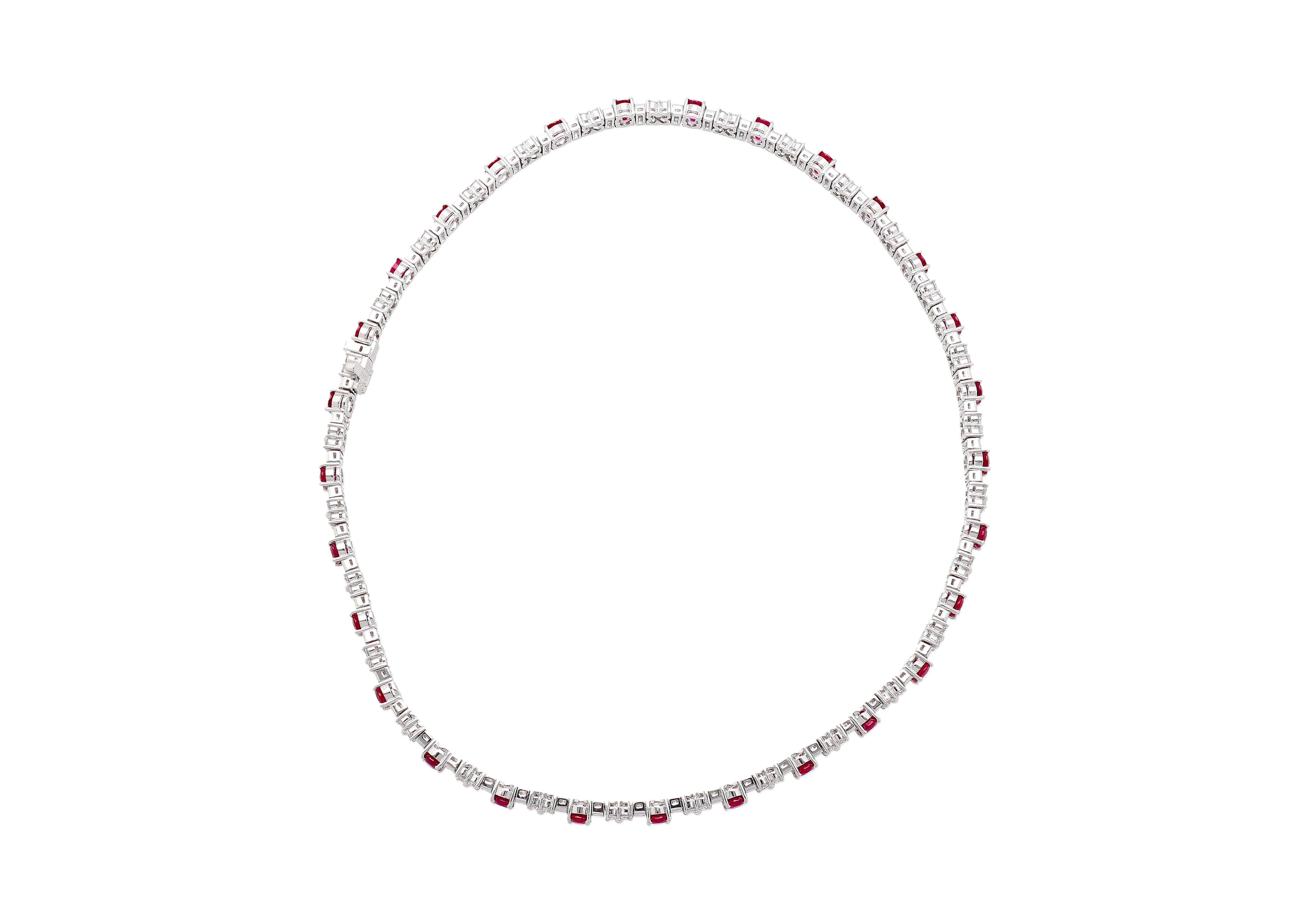 Women's 30 Carat Oval Cut Ruby & Mixed Cut Diamond Tennis Necklace in Platinum For Sale