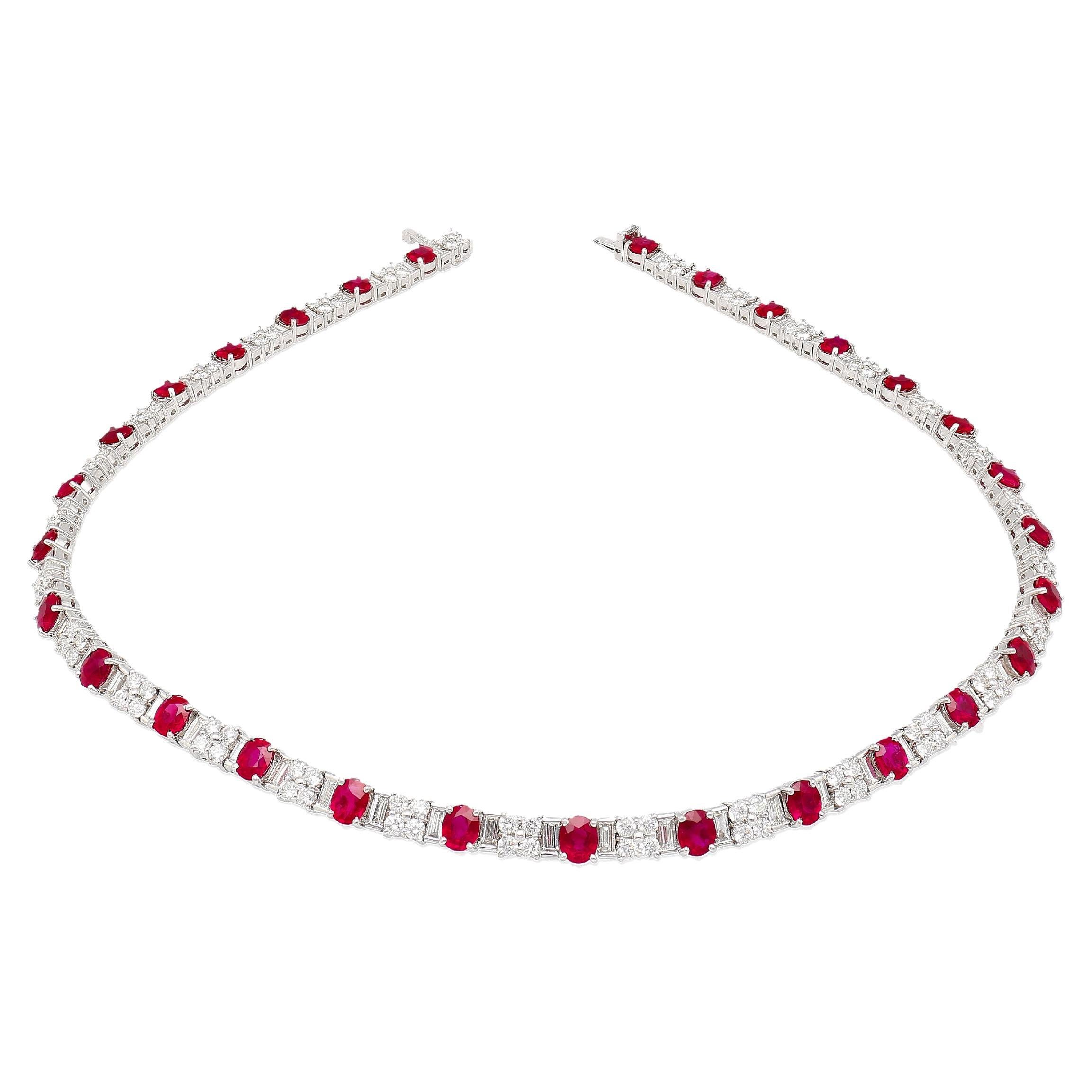 30 Carat Oval Cut Ruby & Mixed Cut Diamond Tennis Necklace in Platinum