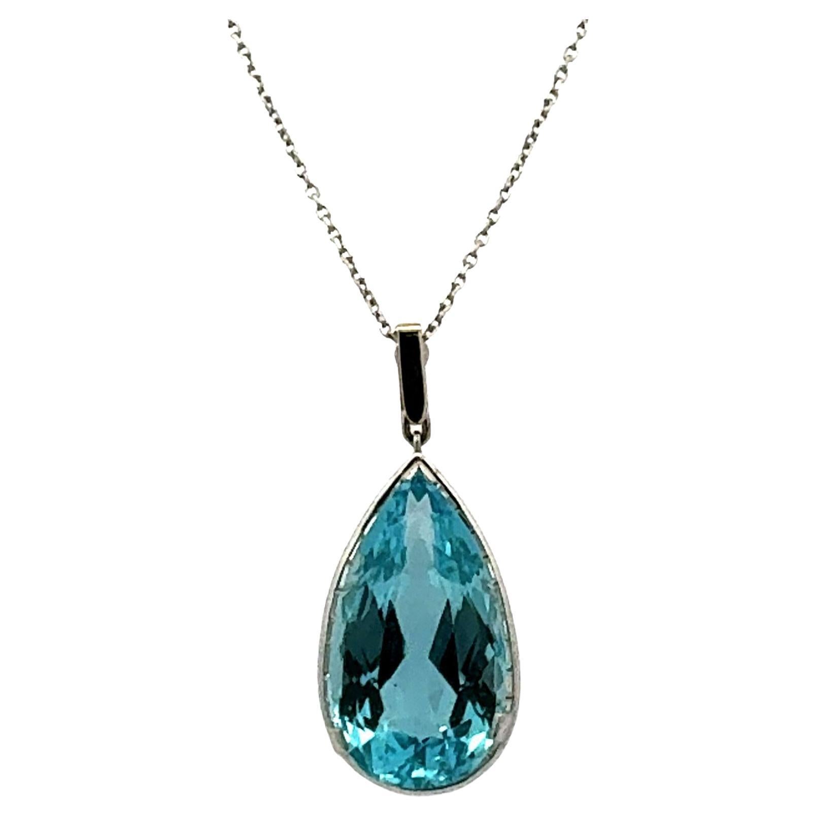 30-Carat Pear Cut Aquamarine Diamond Platinum Pendant 14KWG Chain & Baile