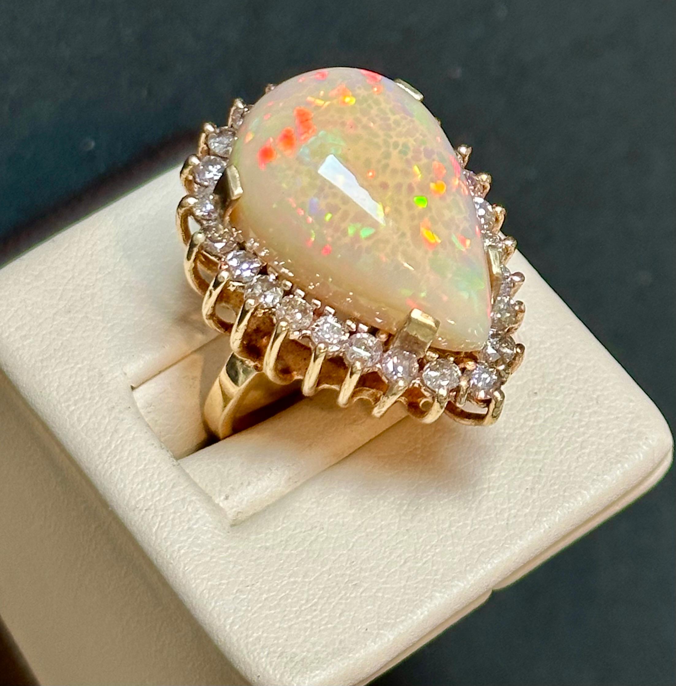 30 Carat Pear Cut Opal and Diamond 14 Karat Gold Cocktail Ring, Estate For Sale 3