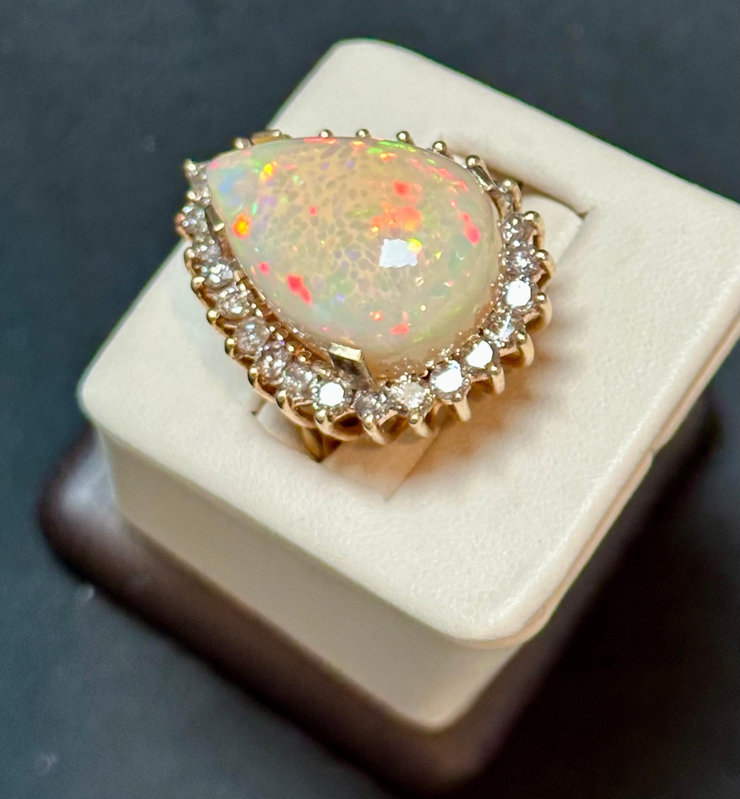 30 Carat Pear Cut Opal and Diamond 14 Karat Gold Cocktail Ring, Estate For Sale 6