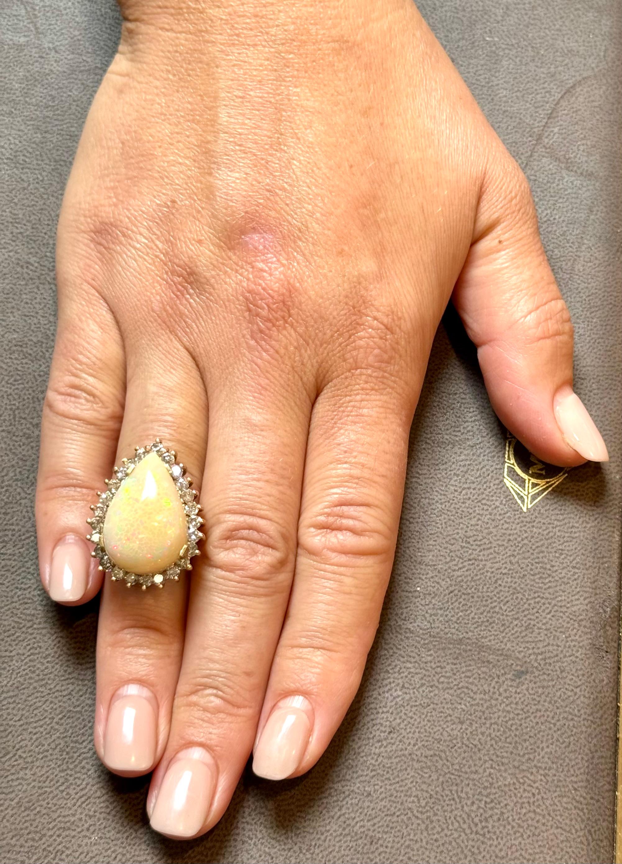 30 Carat Pear Cut Opal and Diamond 14 Karat Gold Cocktail Ring, Estate For Sale 10