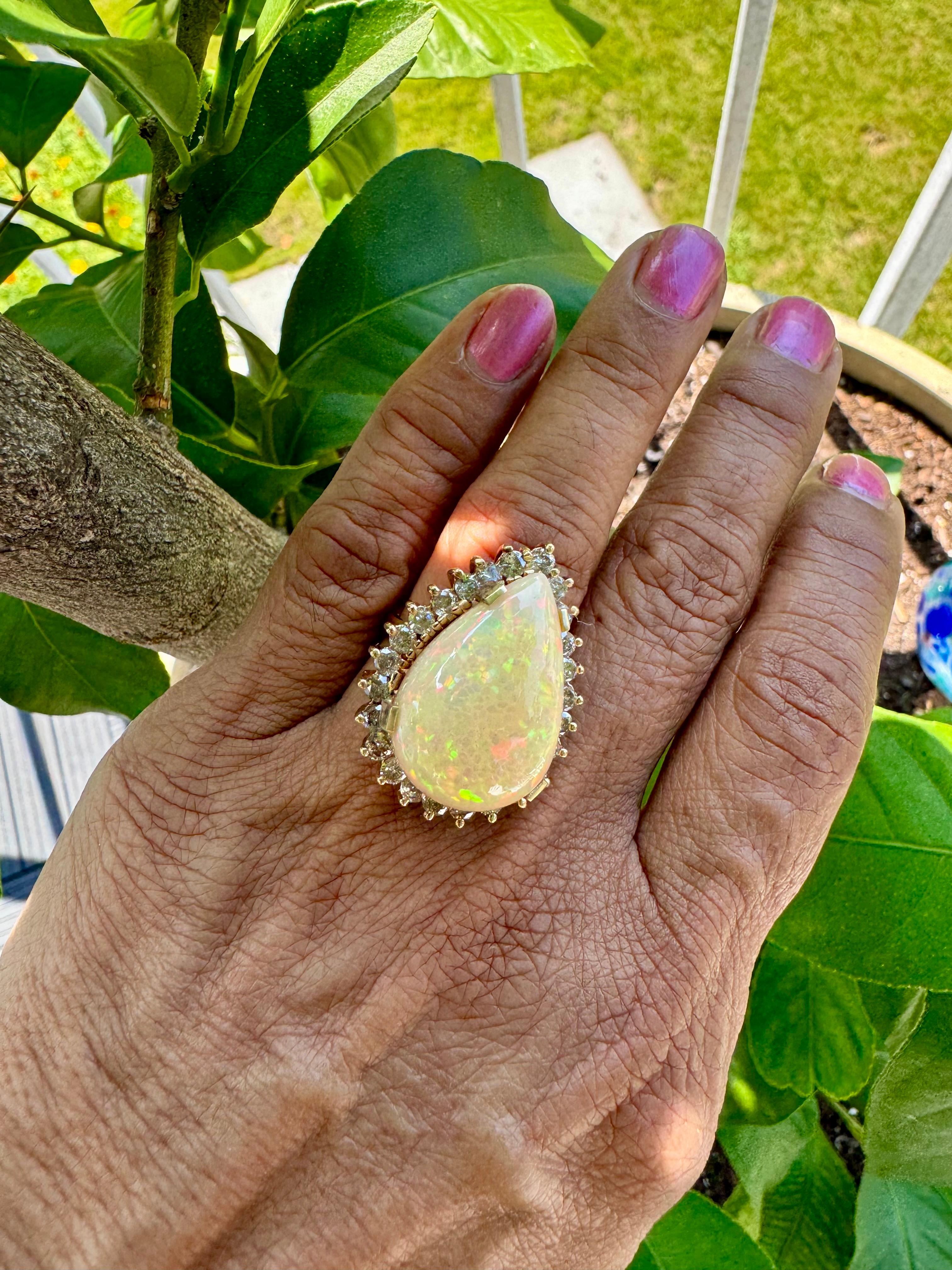 30 Carat Pear Cut Opal and Diamond 14 Karat Gold Cocktail Ring, Estate For Sale 9