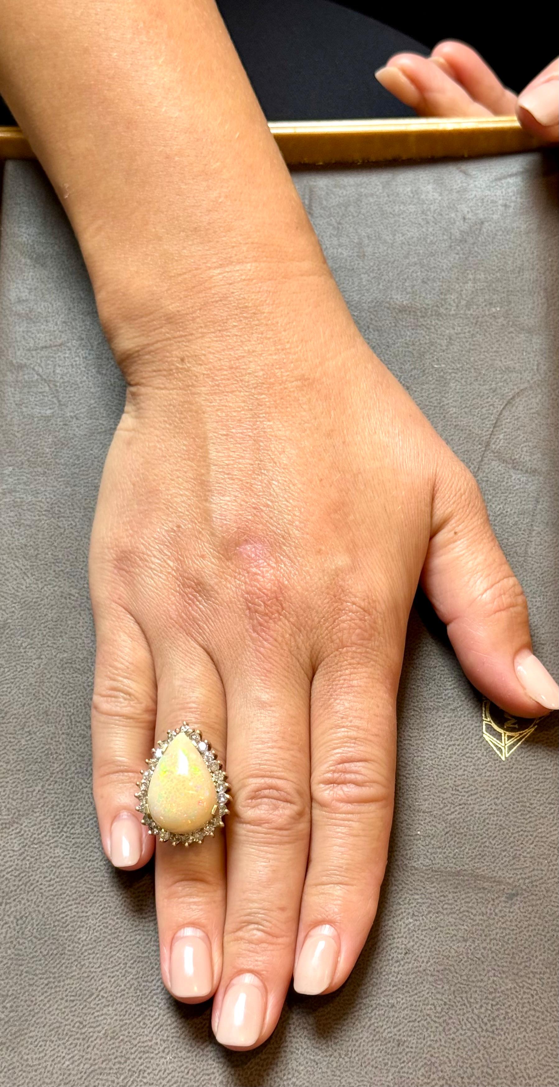 30 Carat Pear Cut Opal and Diamond 14 Karat Gold Cocktail Ring, Estate For Sale 13
