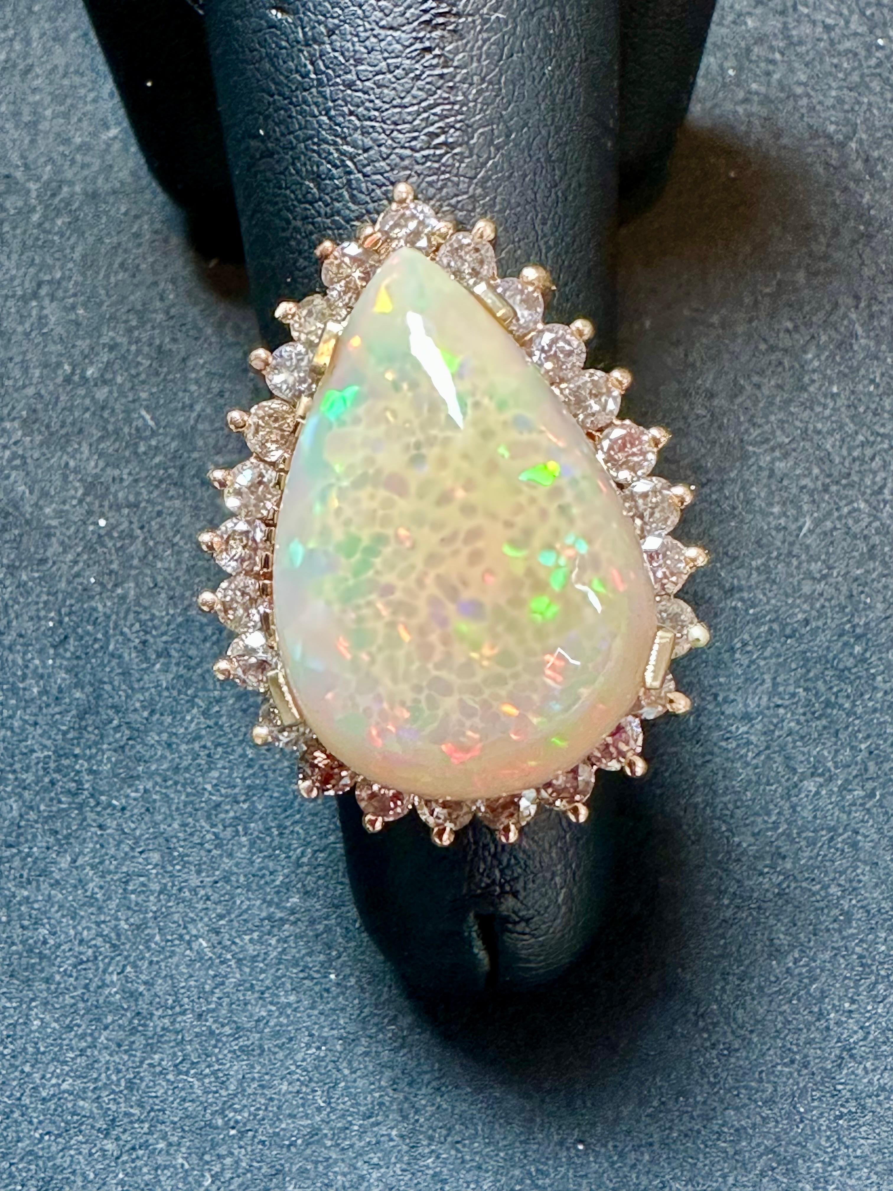 30 Carat Pear Cut Opal and Diamond 14 Karat Gold Cocktail Ring, Estate In Excellent Condition For Sale In New York, NY