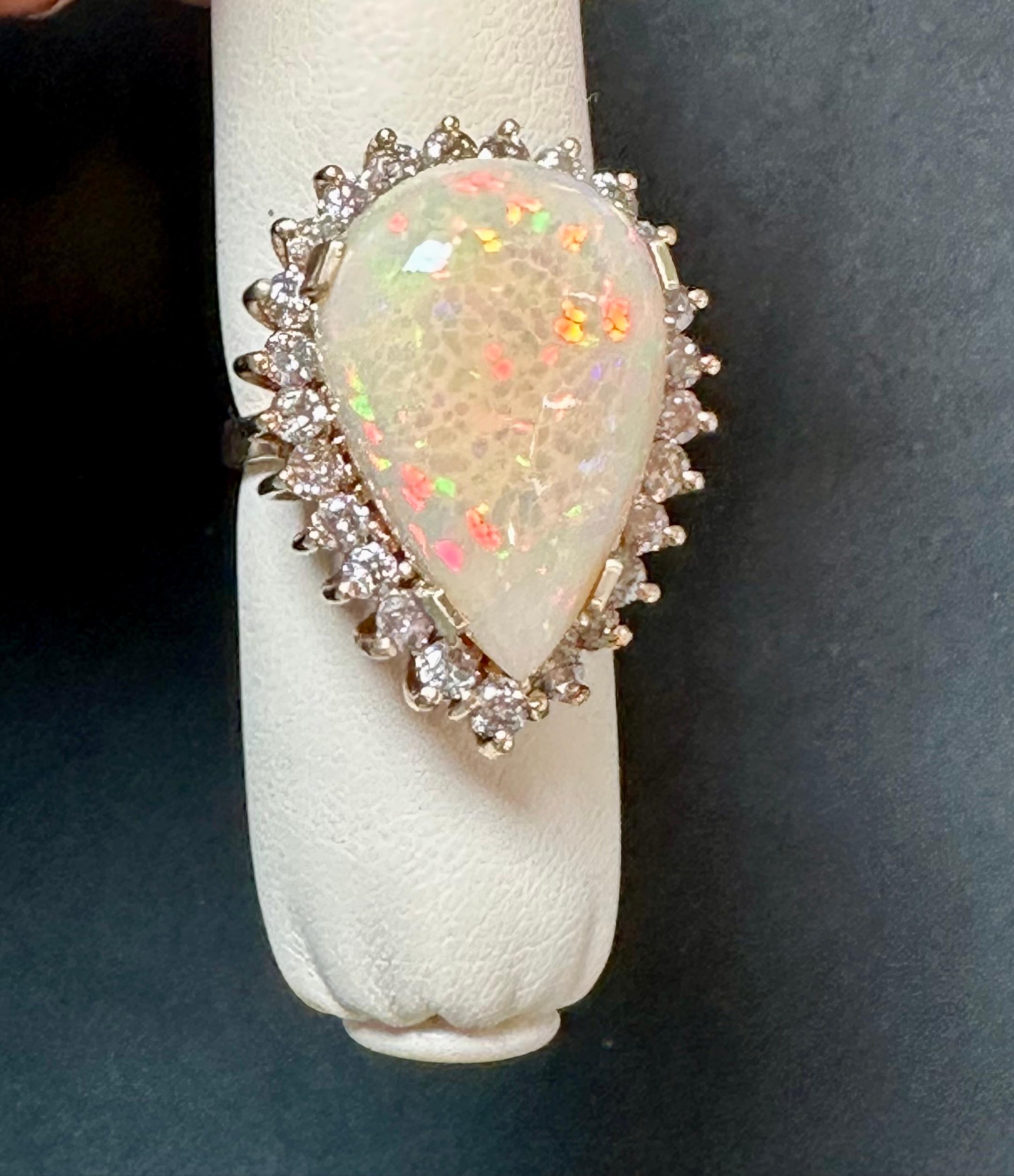30 Carat Pear Cut Opal and Diamond 14 Karat Gold Cocktail Ring, Estate For Sale 1