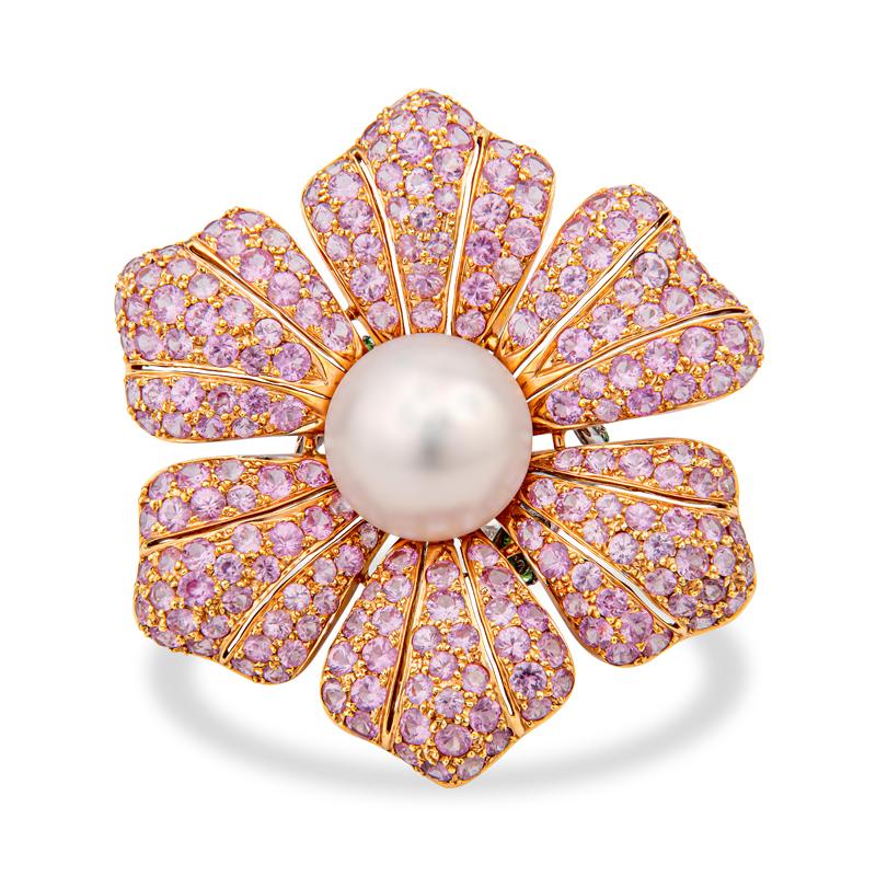 Women's 3.0 Carat Pink Sapphire and Pearl Flower Ring For Sale