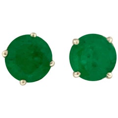 3.0 Carat Round Natural Emerald Stud Post Earrings 14 Karat White Gold