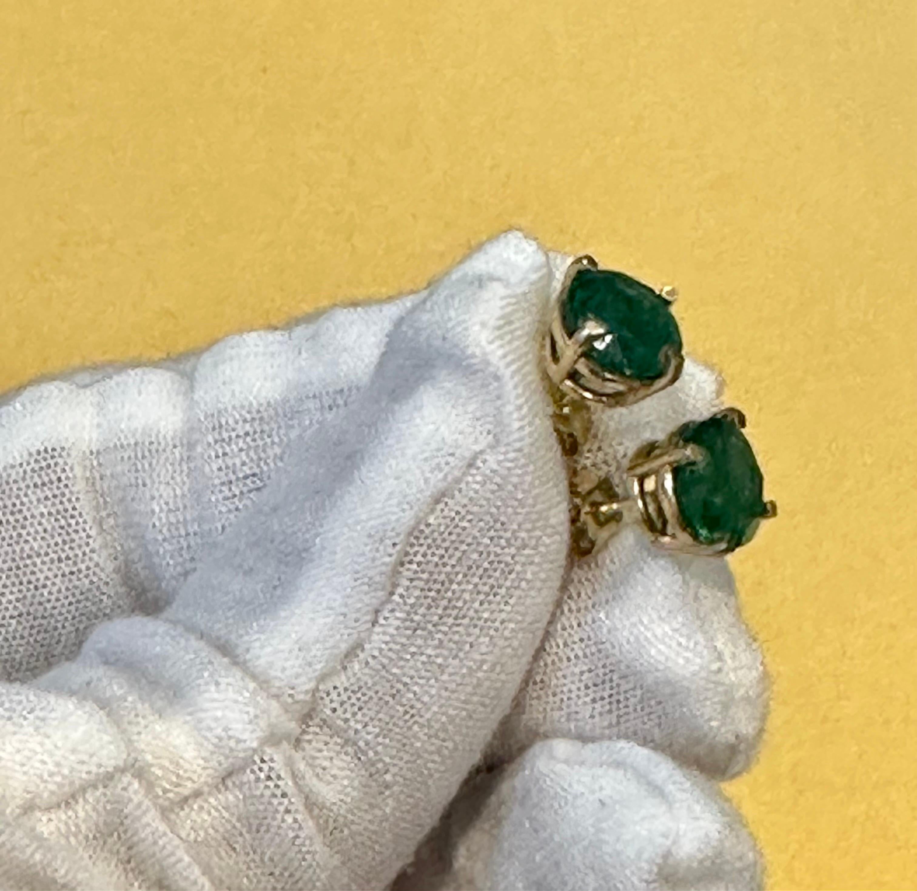 3.0 Carat Round Natural Emerald Stud Post Earrings 14 Karat Yellow Gold For Sale 7