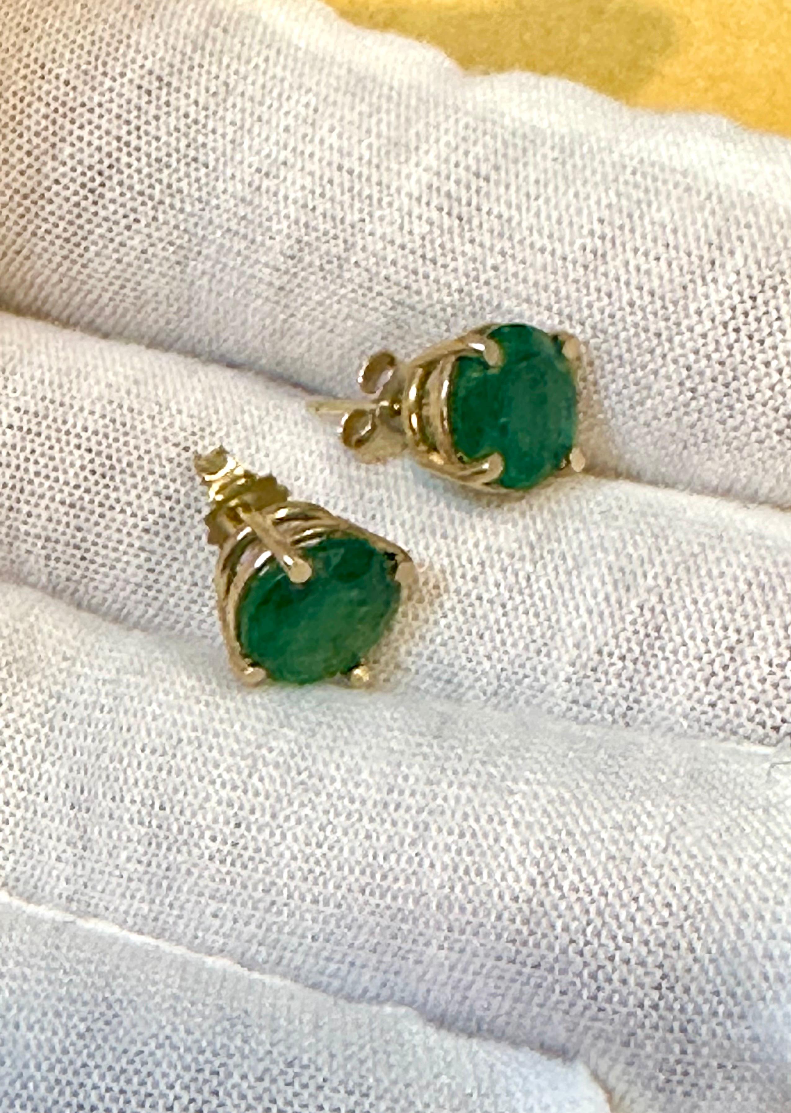 3.0 Carat Round Natural Emerald Stud Post Earrings 14 Karat Yellow Gold For Sale 9