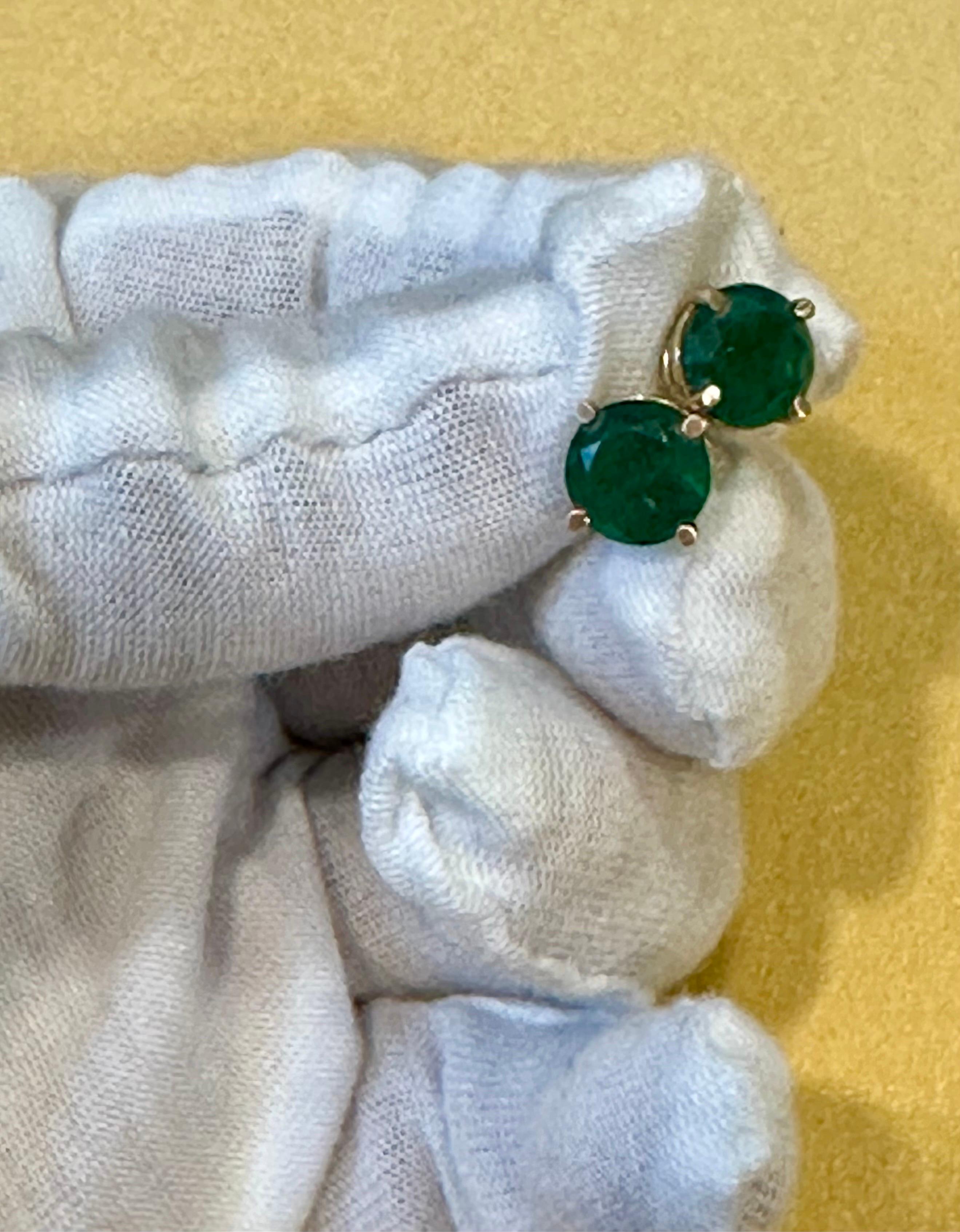 3.0 Carat Round Natural Emerald Stud Post Earrings 14 Karat Yellow Gold For Sale 10
