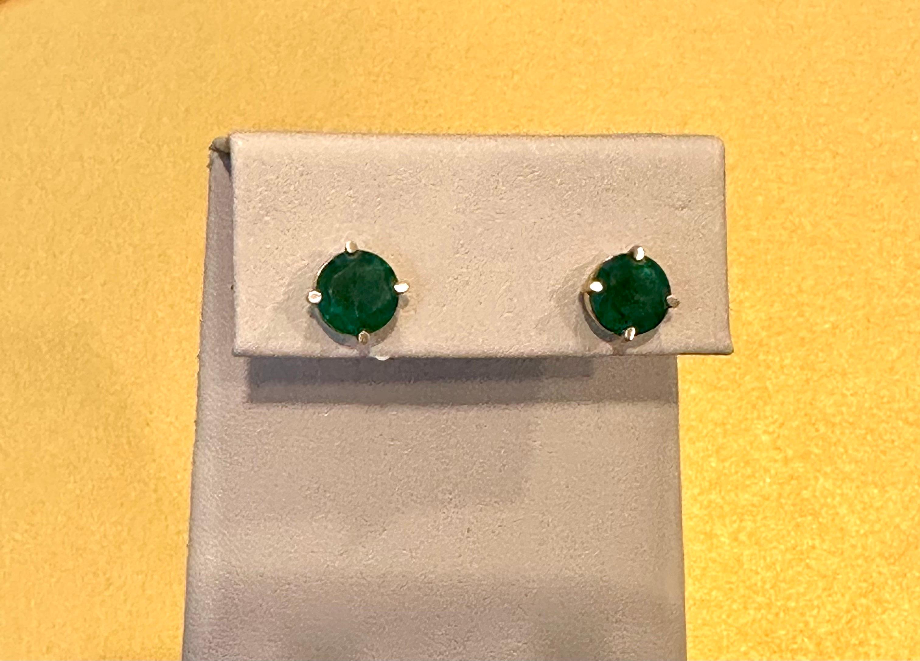 3.0 Carat Round Natural Emerald Stud Post Earrings 14 Karat Yellow Gold For Sale 3