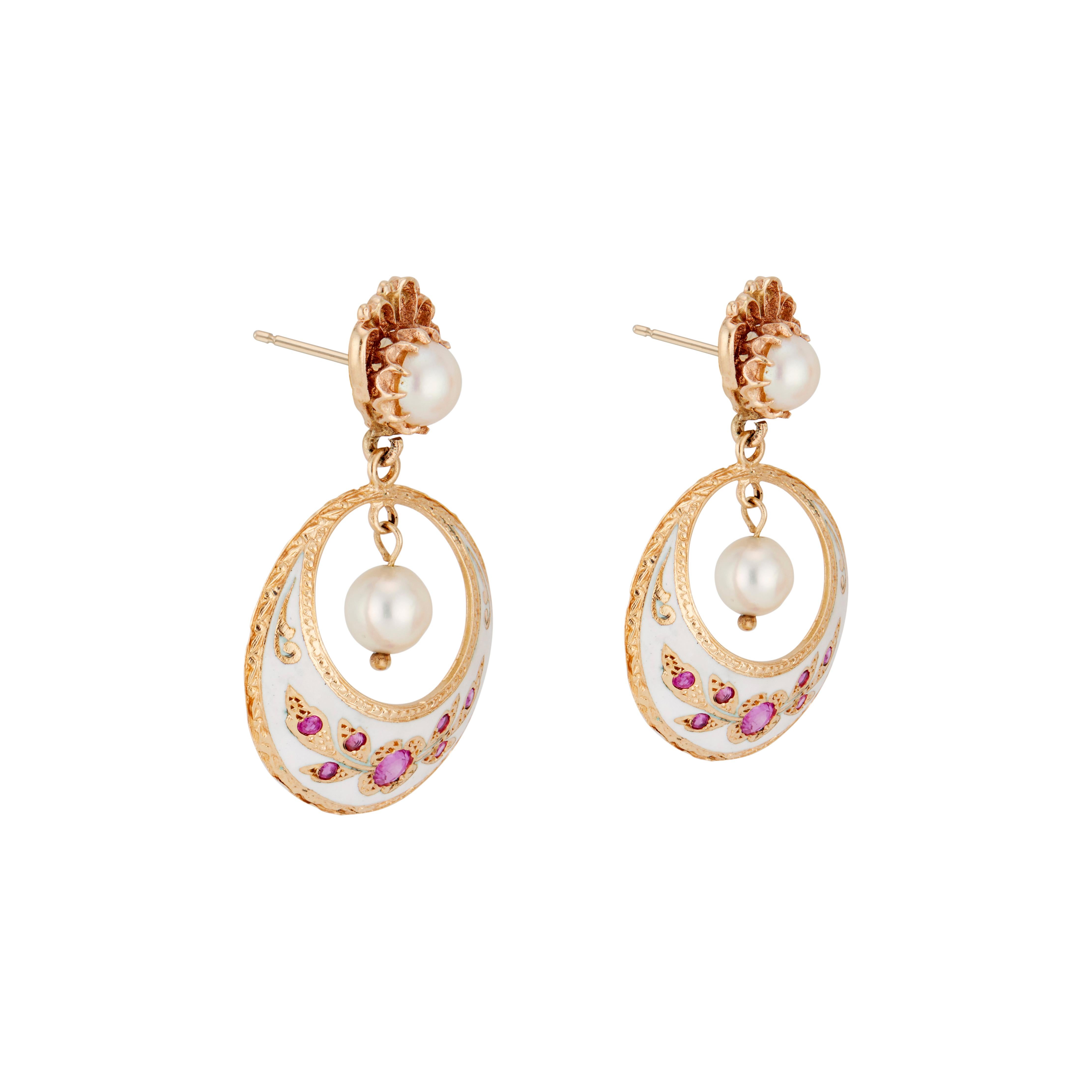 Round Cut .30 Carat Ruby Pearl Yellow Gold Enamel Dangle Earrings For Sale