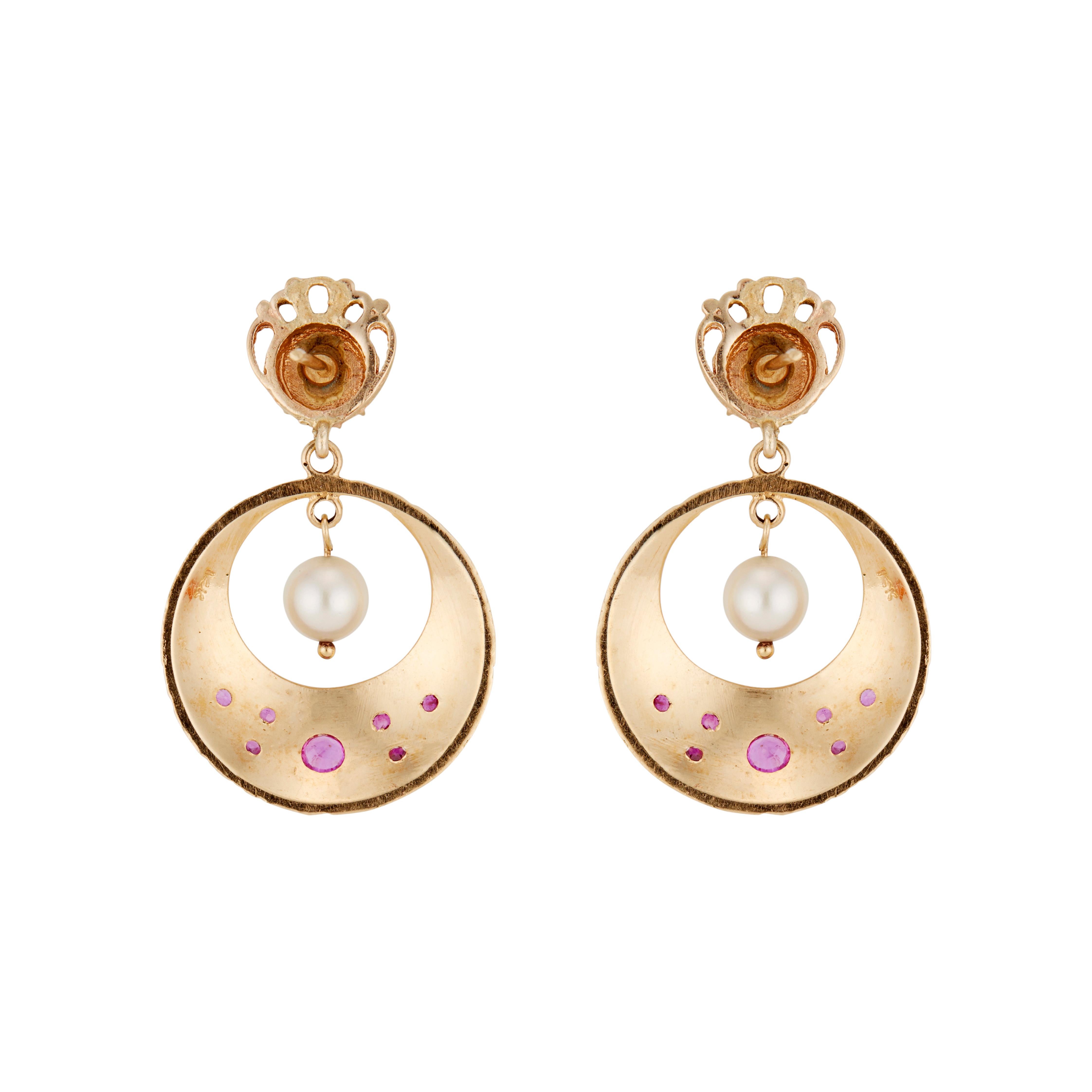 Women's .30 Carat Ruby Pearl Yellow Gold Enamel Dangle Earrings For Sale