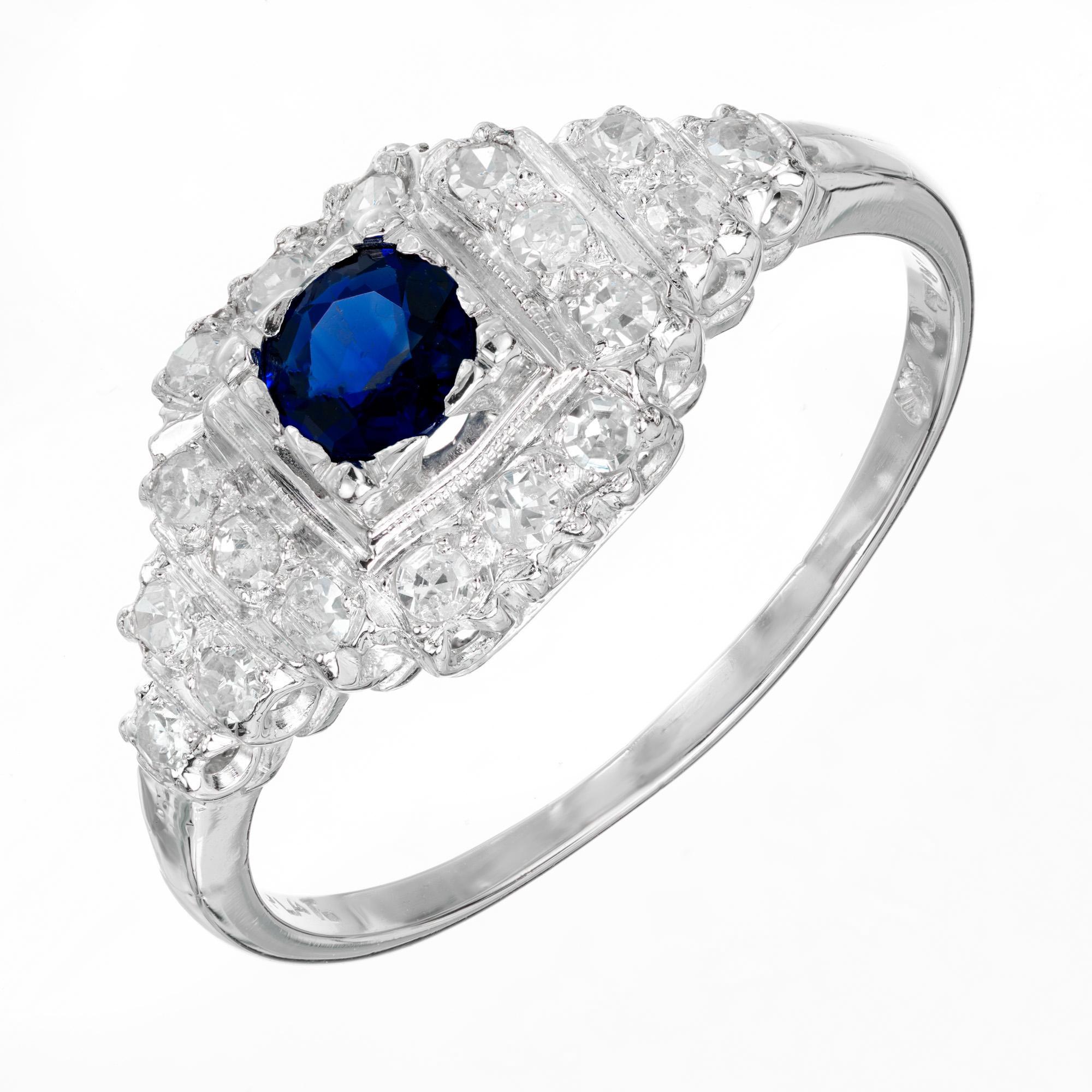 1940's designed sapphire diamond ring. 1 round .30cts round sapphire setting platinum with 18 sing cut accent diamonds. 

1 round blue sapphire, approx. .30cts
18 single cut diamonds, G-H SI approx, .36cts
Size 8.25 and sizable 
Platinum 
Stamped: